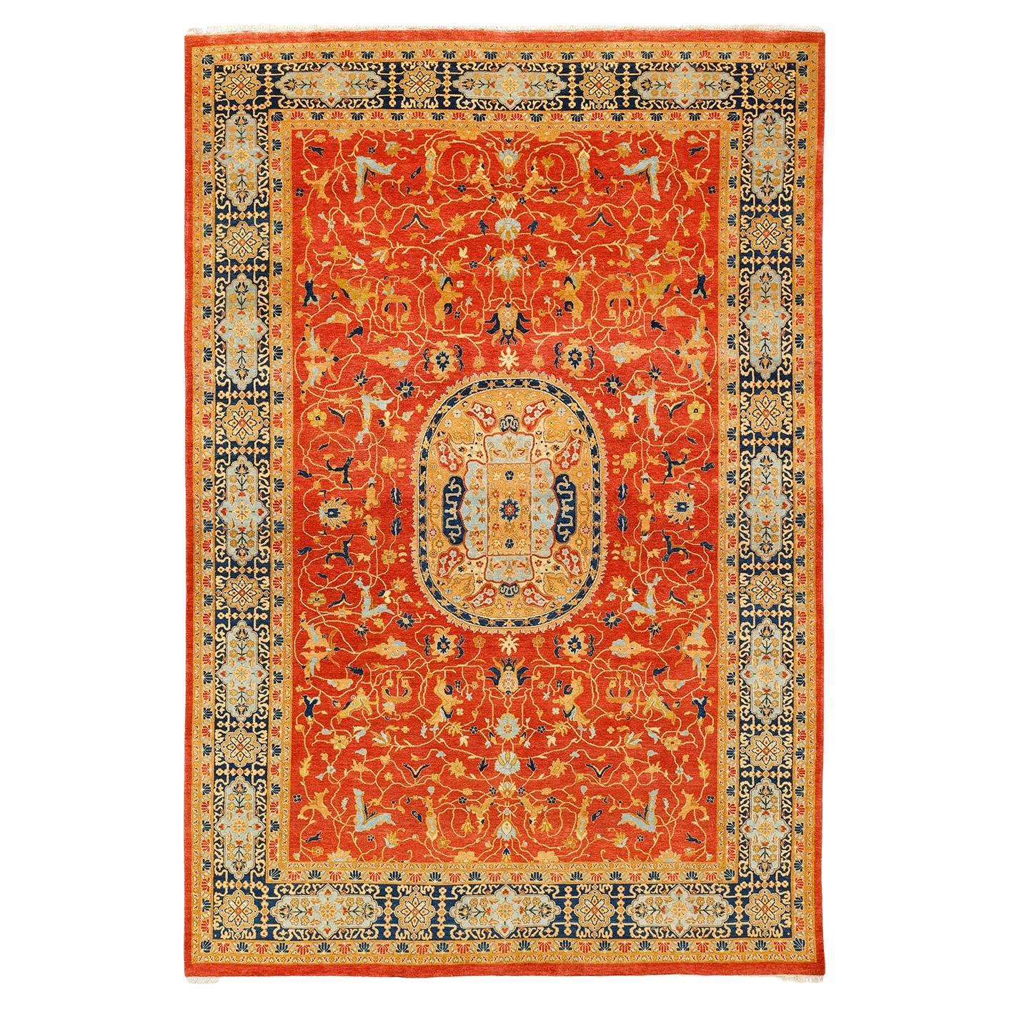 One-of-a-kind Hand Knotted Floral Mogul Orange Area Rug For Sale