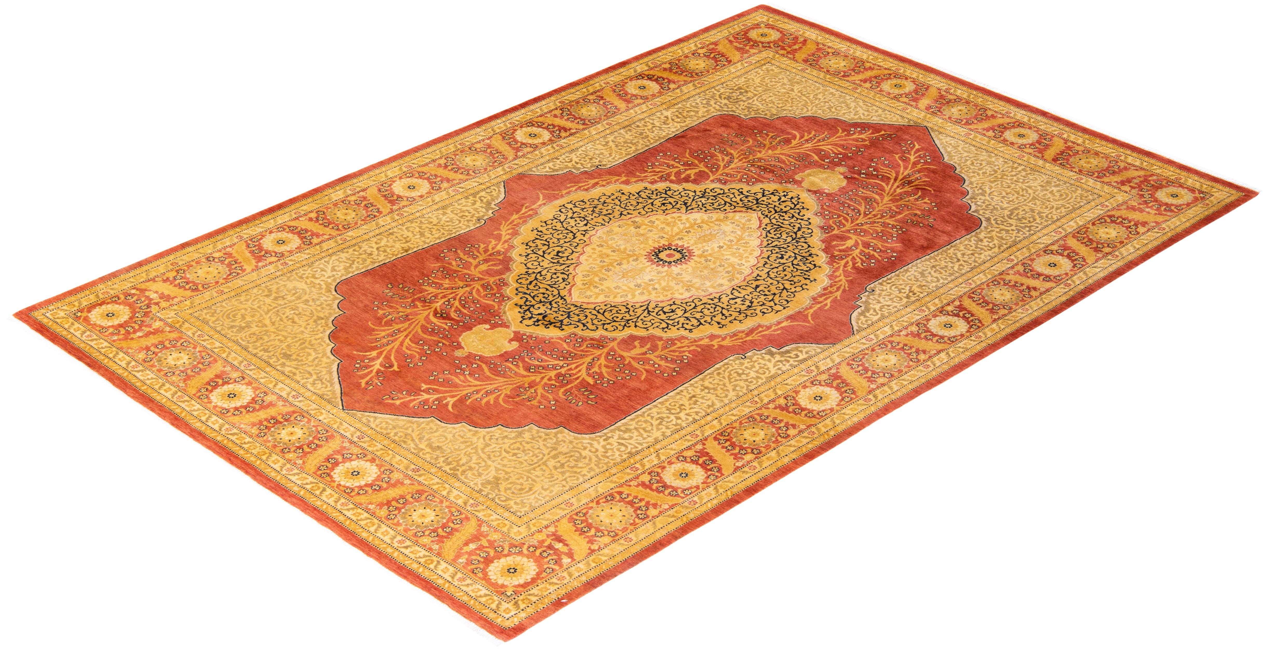 Tapis Mogul orange à motifs floraux noués à la main, unique en son genre en vente 2