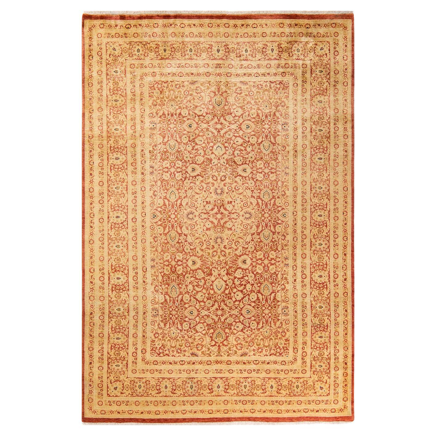 One-Of-A-Kind Hand Knotted Floral Mogul Orange Area Rug For Sale
