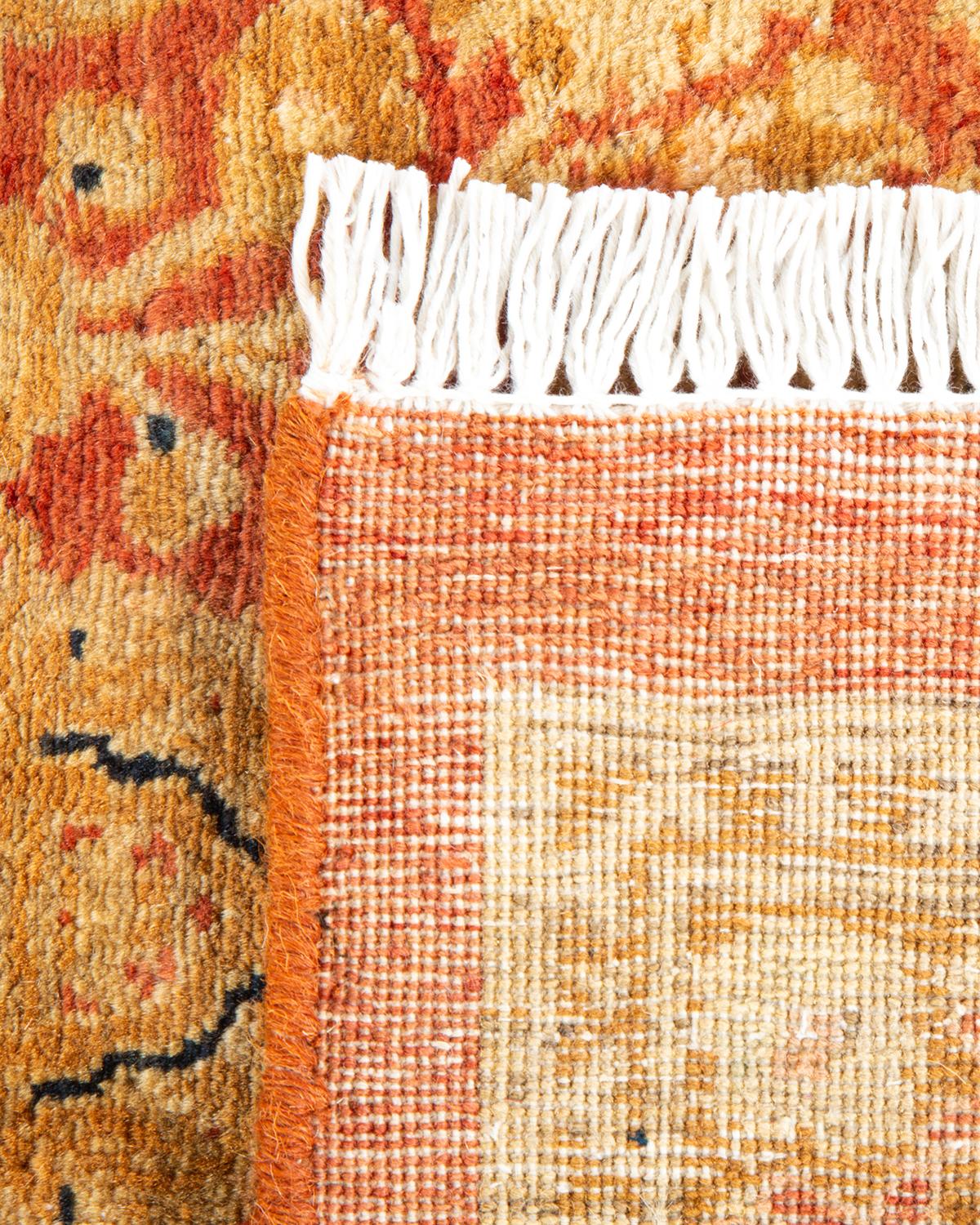 Contemporary One-of-a-Kind Hand Knotted Floral Mogul Orange Area Rug For Sale
