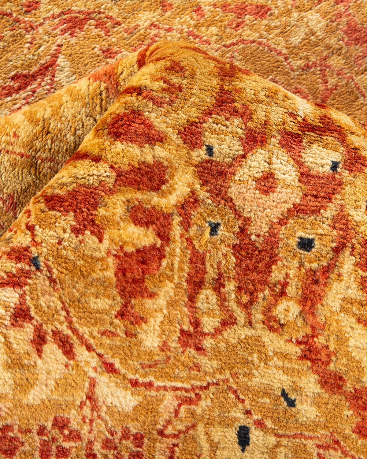 One-of-a-Kind Hand Knotted Floral Mogul Orange Area Rug For Sale 1