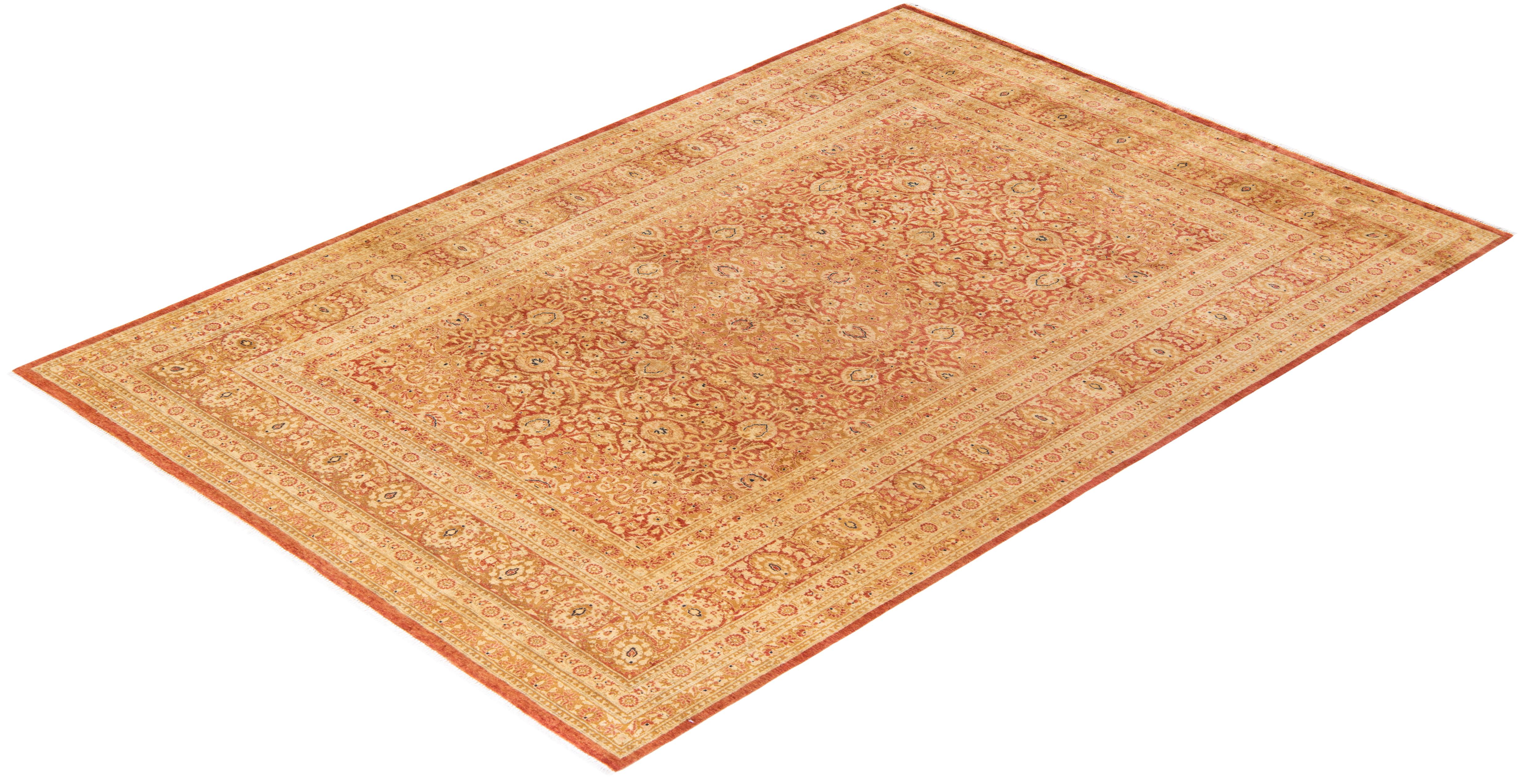 One-of-a-Kind Hand Knotted Floral Mogul Orange Area Rug For Sale 2
