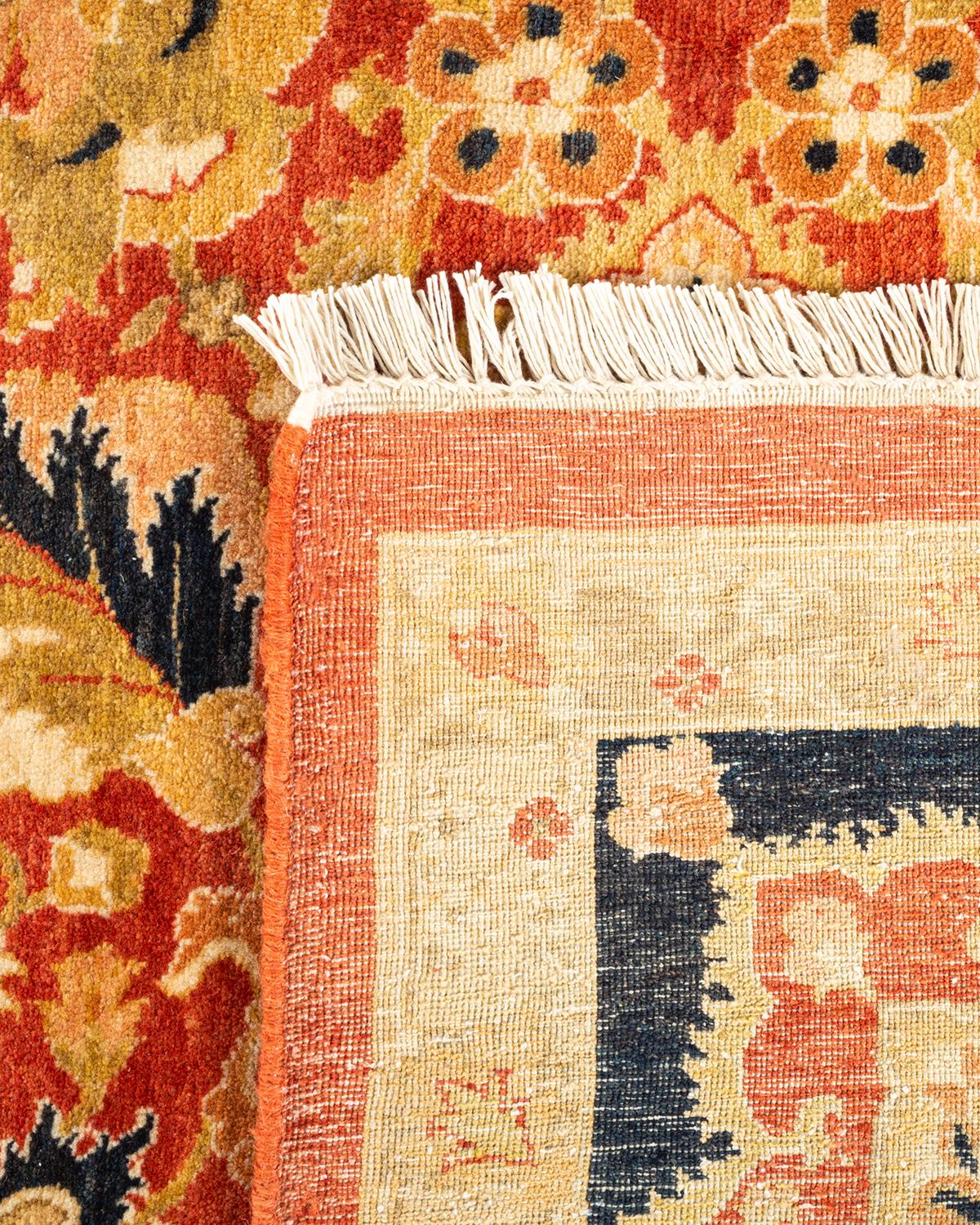 Contemporary One-Of-A-Kind Hand Knotted Floral Mogul Orange Area Rug