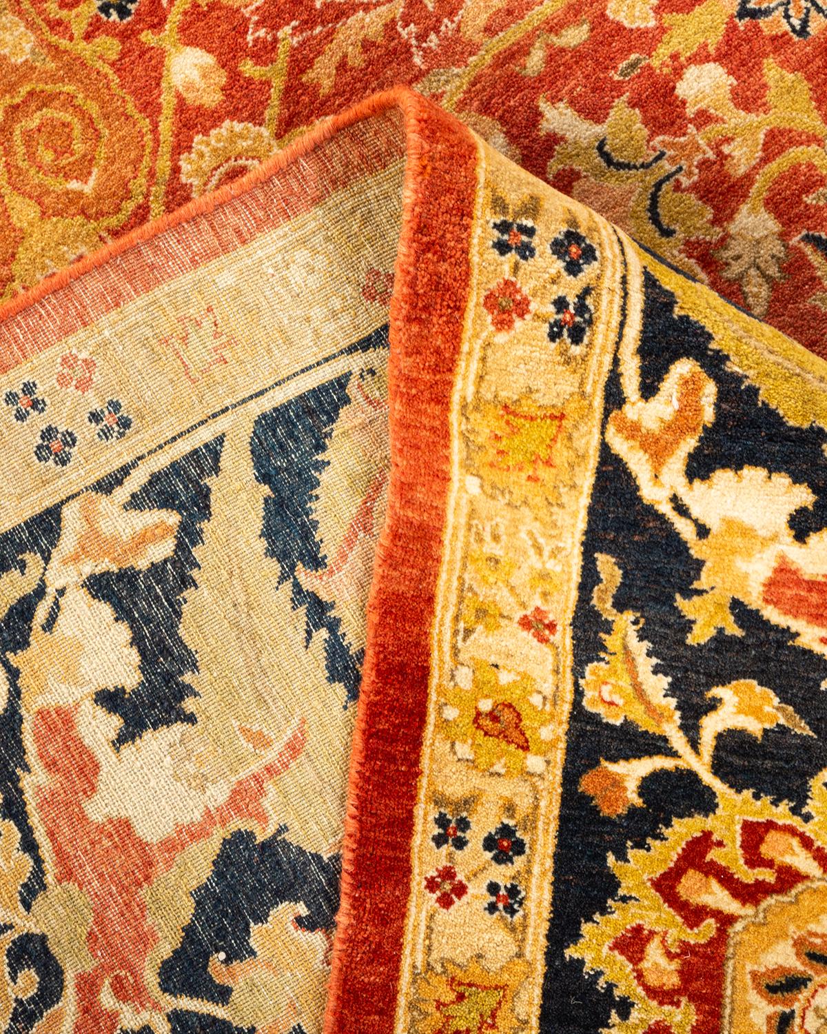 Wool One-Of-A-Kind Hand Knotted Floral Mogul Orange Area Rug