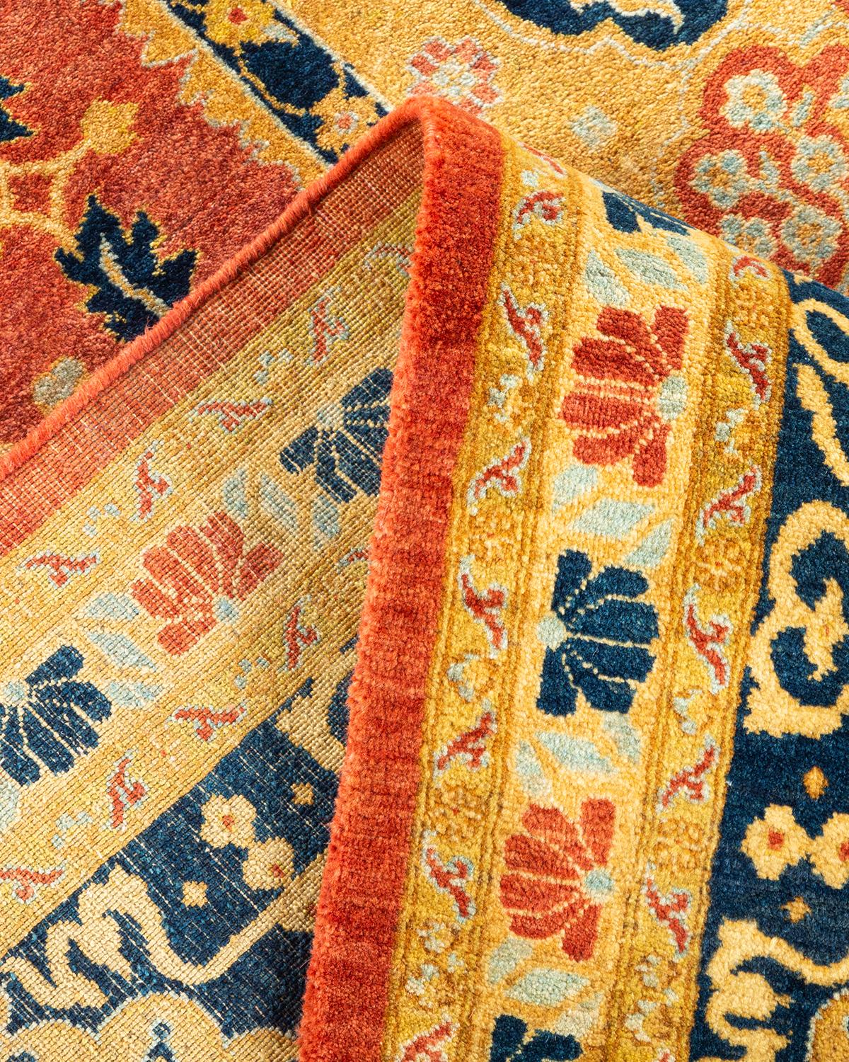 Laine Tapis Mogul orange à motifs floraux noués à la main, unique en son genre en vente