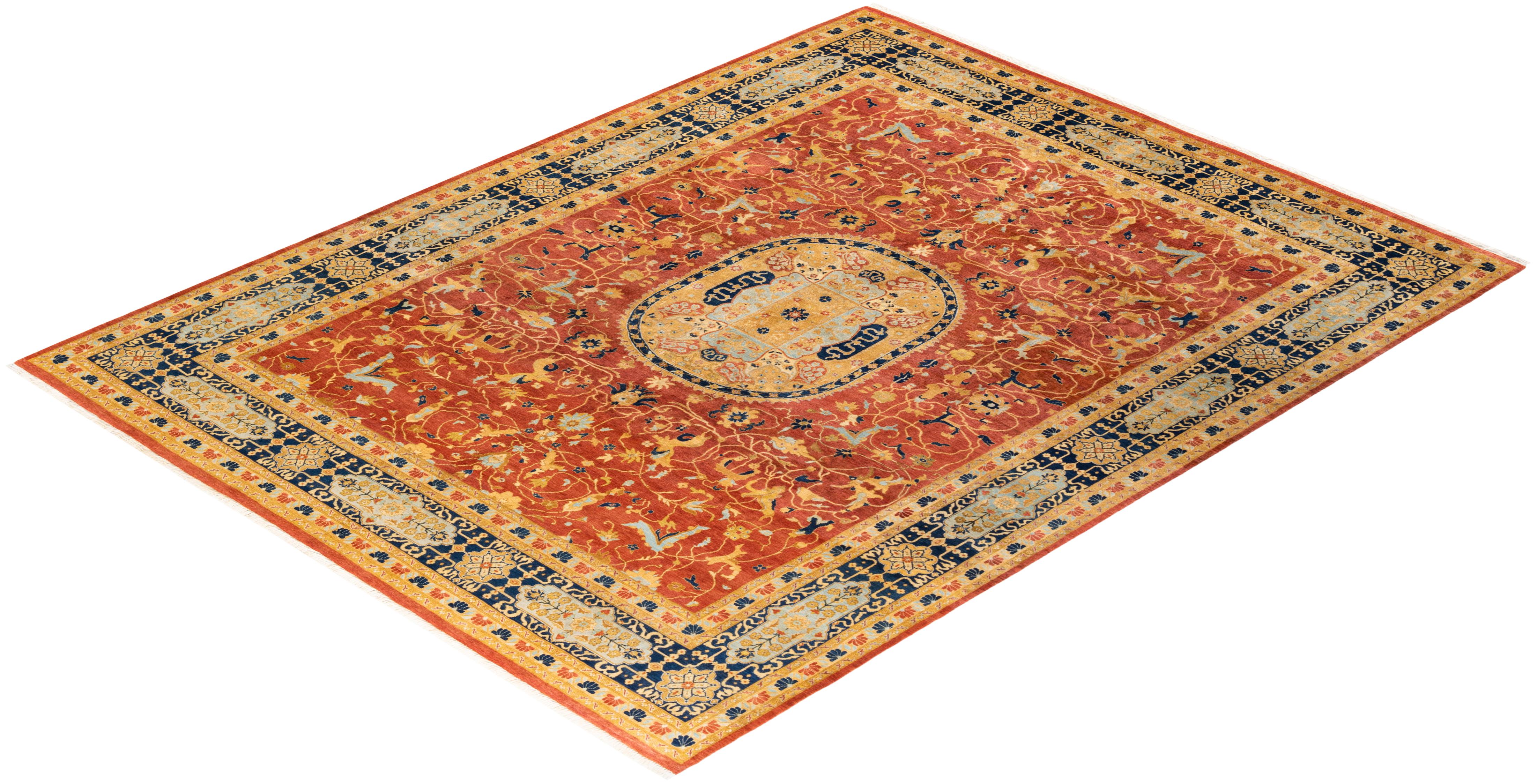Tapis Mogul orange à motifs floraux noués à la main, unique en son genre en vente 2