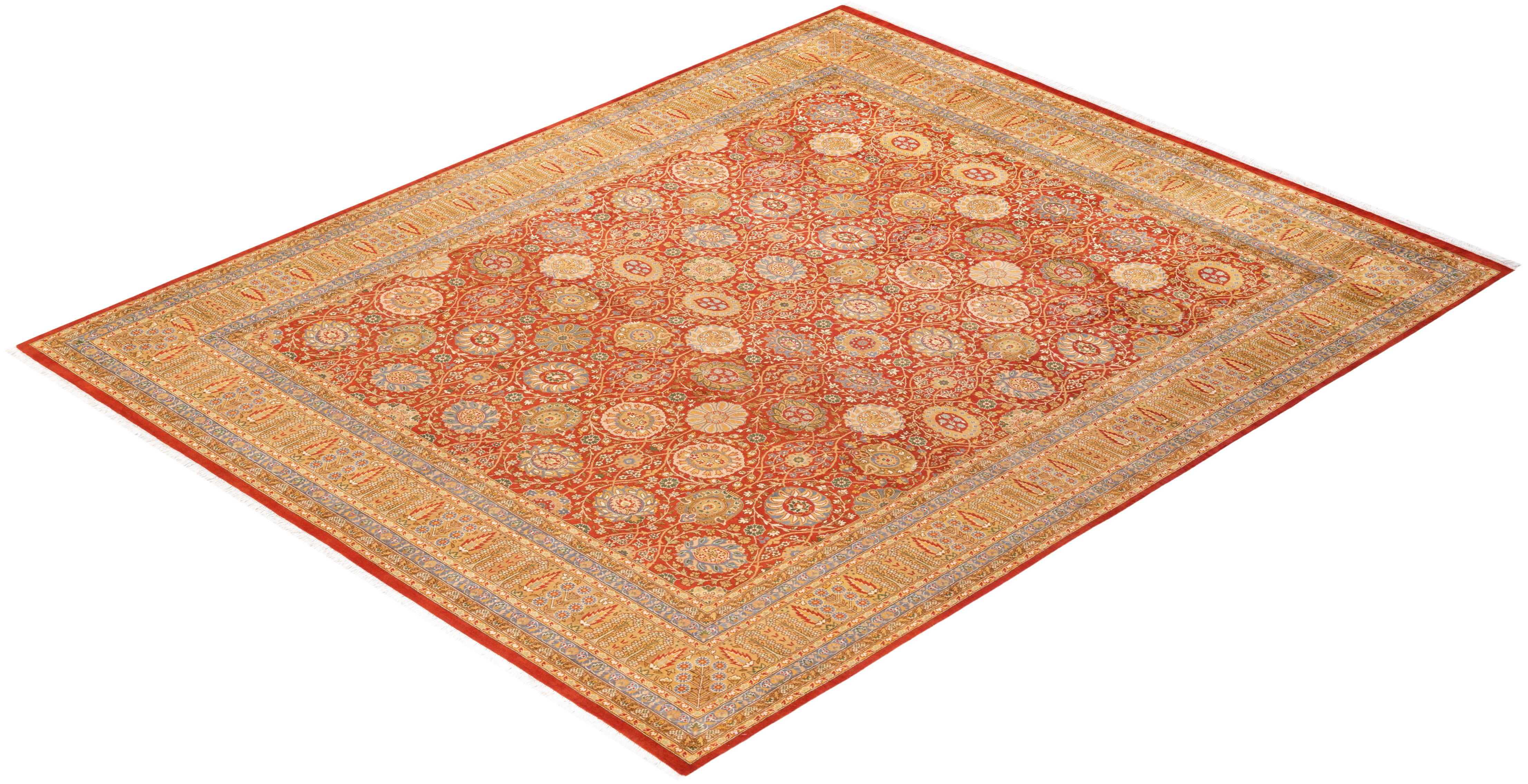 One-of-a-kind Hand Knotted Floral Mogul Orange Area Rug For Sale 2