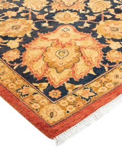 Tappeto per l'area arancione Mogul floreale annodato a mano, unico nel suo genere, 8' 1" x 9' 7".