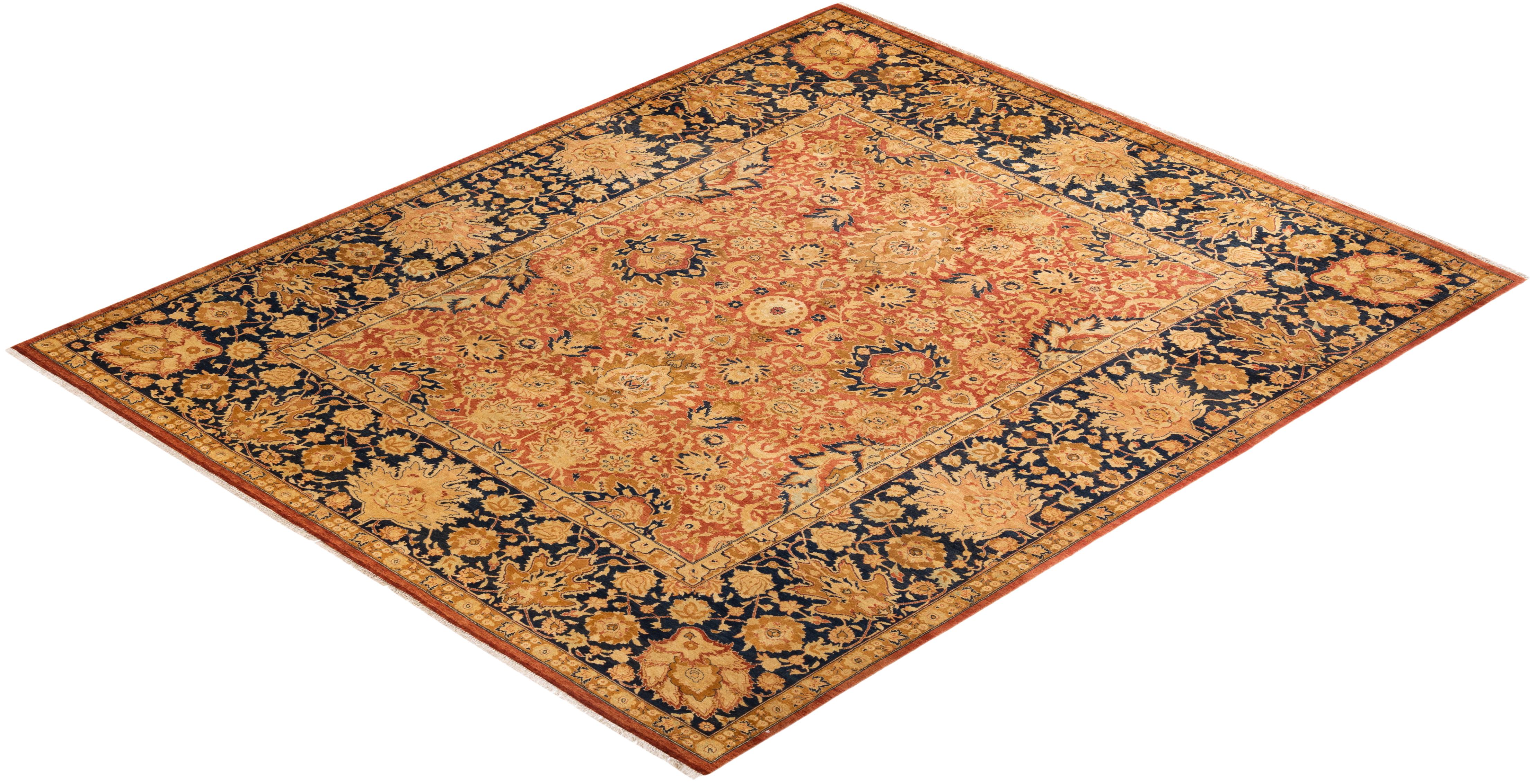 One-Of-A-Kind Hand Knotted Floral Mogul Orange Area Rug For Sale 2