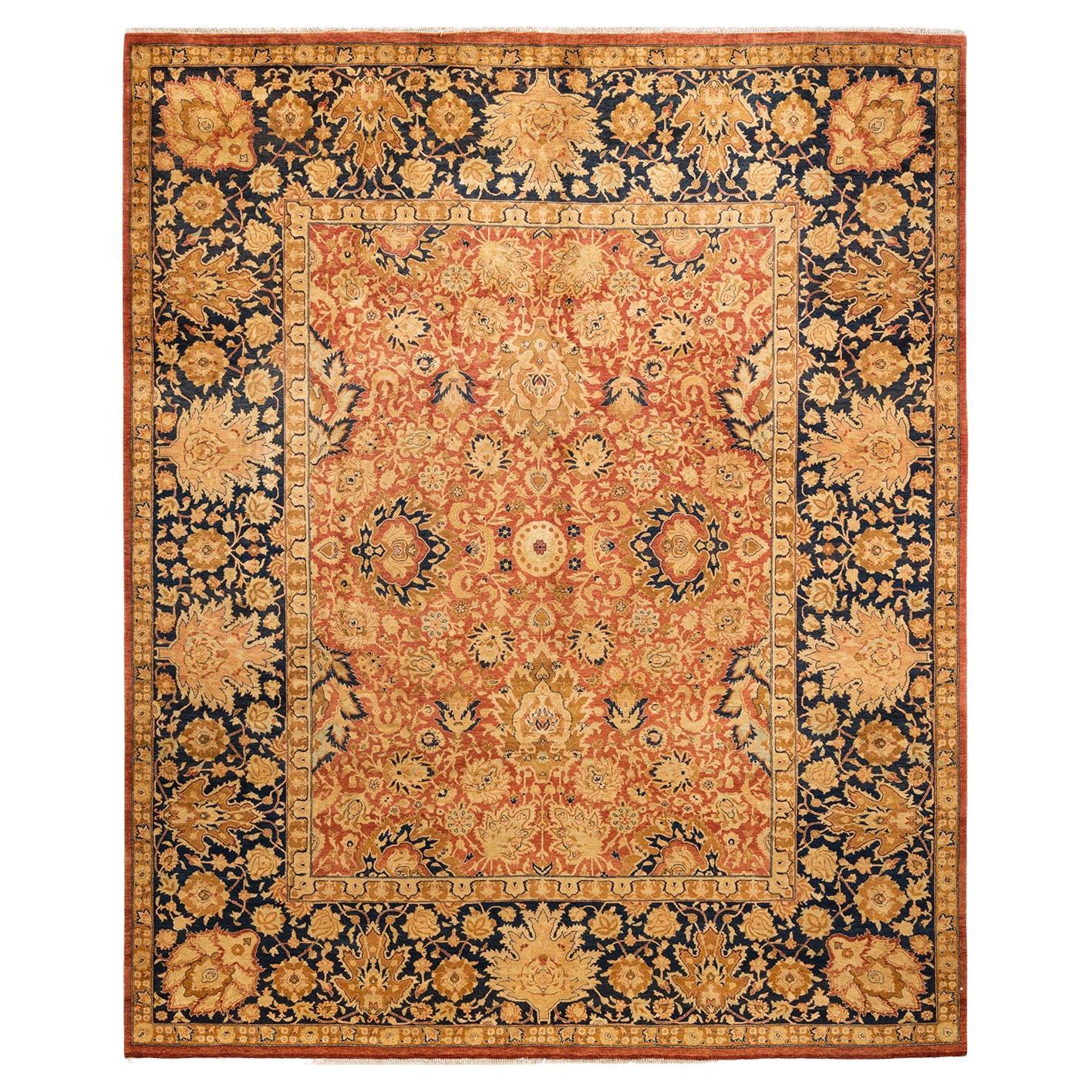 One-Of-A-Kind Hand Knotted Floral Mogul Orange Area Rug For Sale
