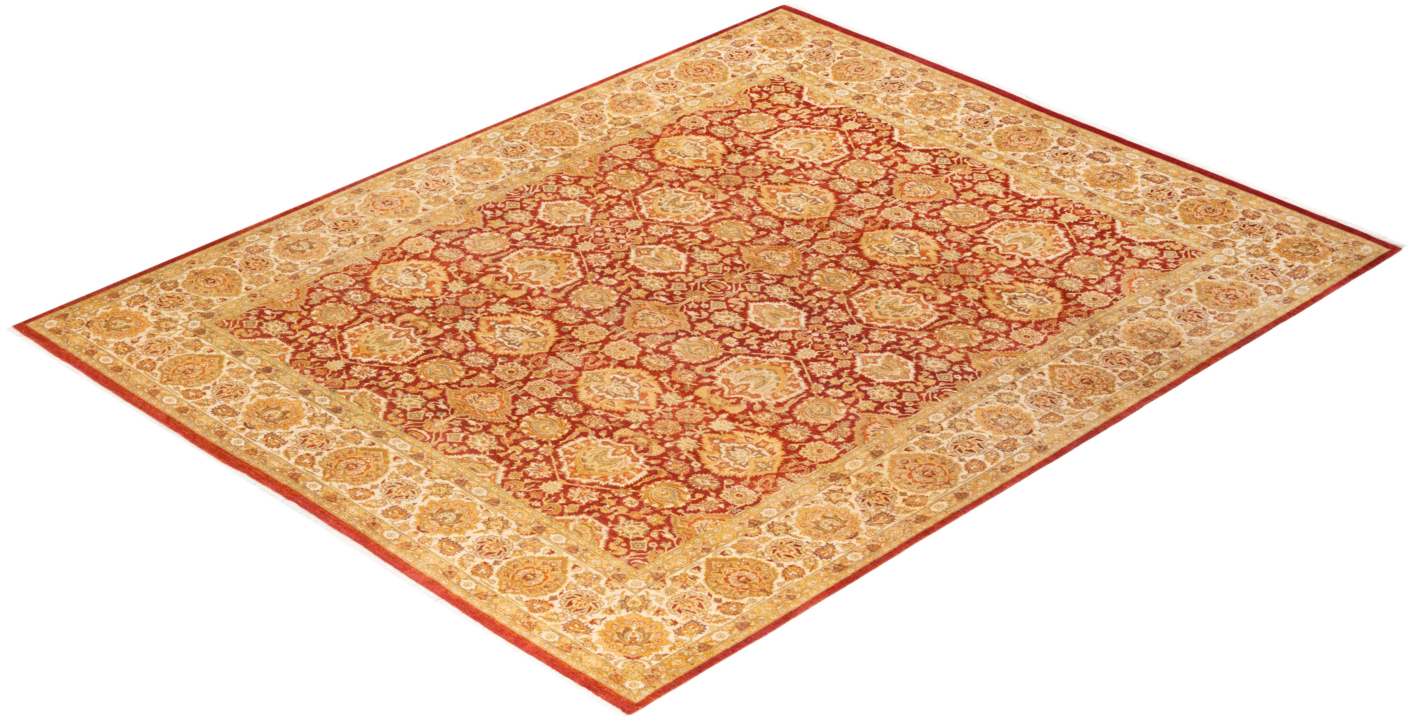 One-Of-A-Kind Hand Knotted Floral Mogul Orange Area Rug For Sale 2
