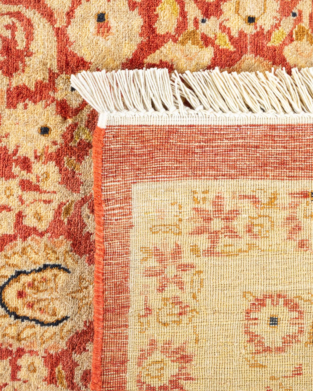 Contemporary One-Of-A-Kind Hand Knotted Floral Mogul Orange Area Rug For Sale