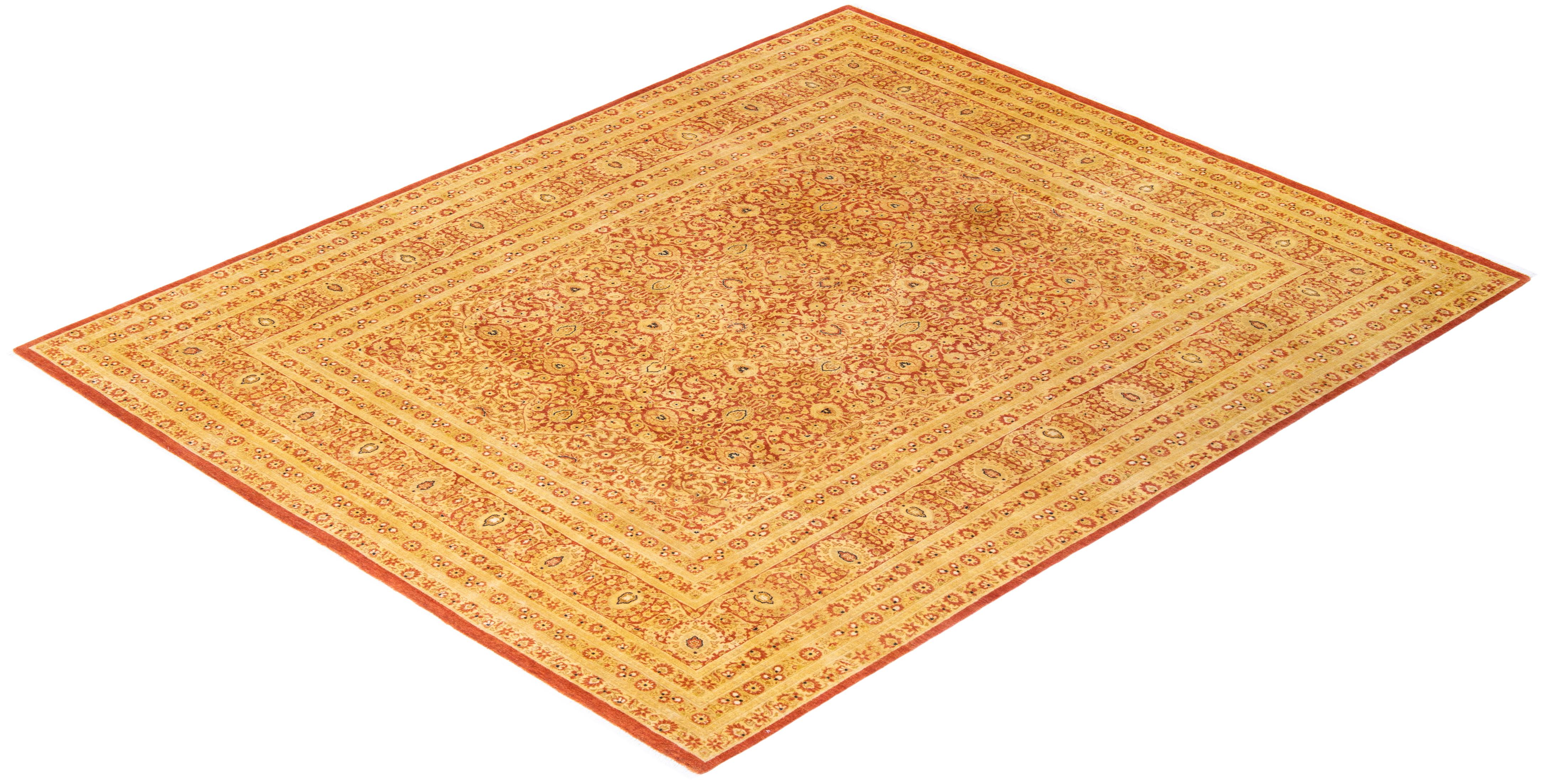 Handgeknüpfter, geblümter Mogul-Teppich in Orange, Unikat im Angebot 2