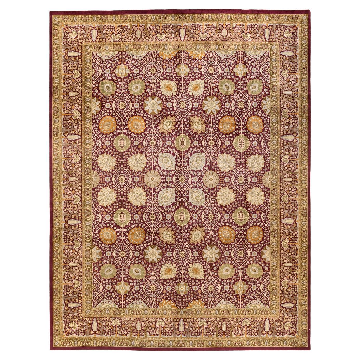 One-of-a-Kind Hand Knotted Floral Mogul Orange Area Rug For Sale