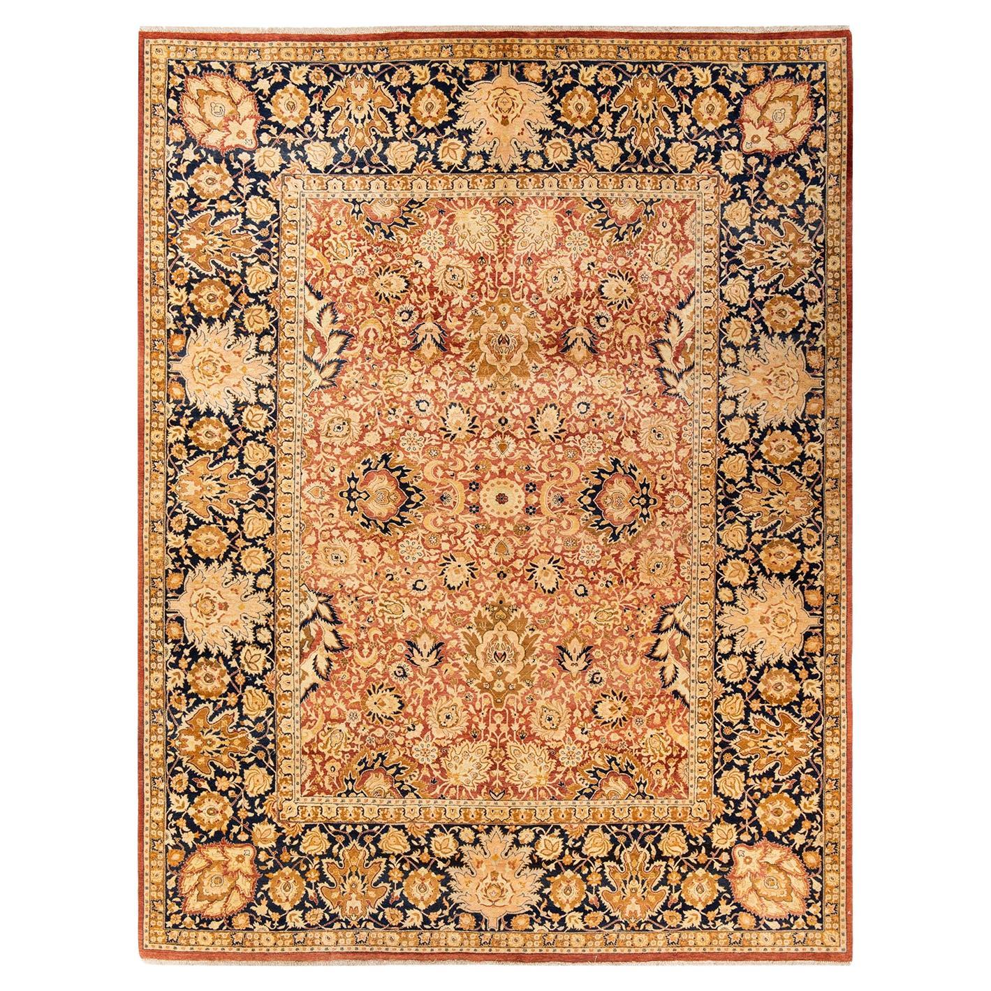 One-Of-A-Kind Hand Knotted Floral Mogul Orange Area Rug 9' 3" x 12' 1" For Sale