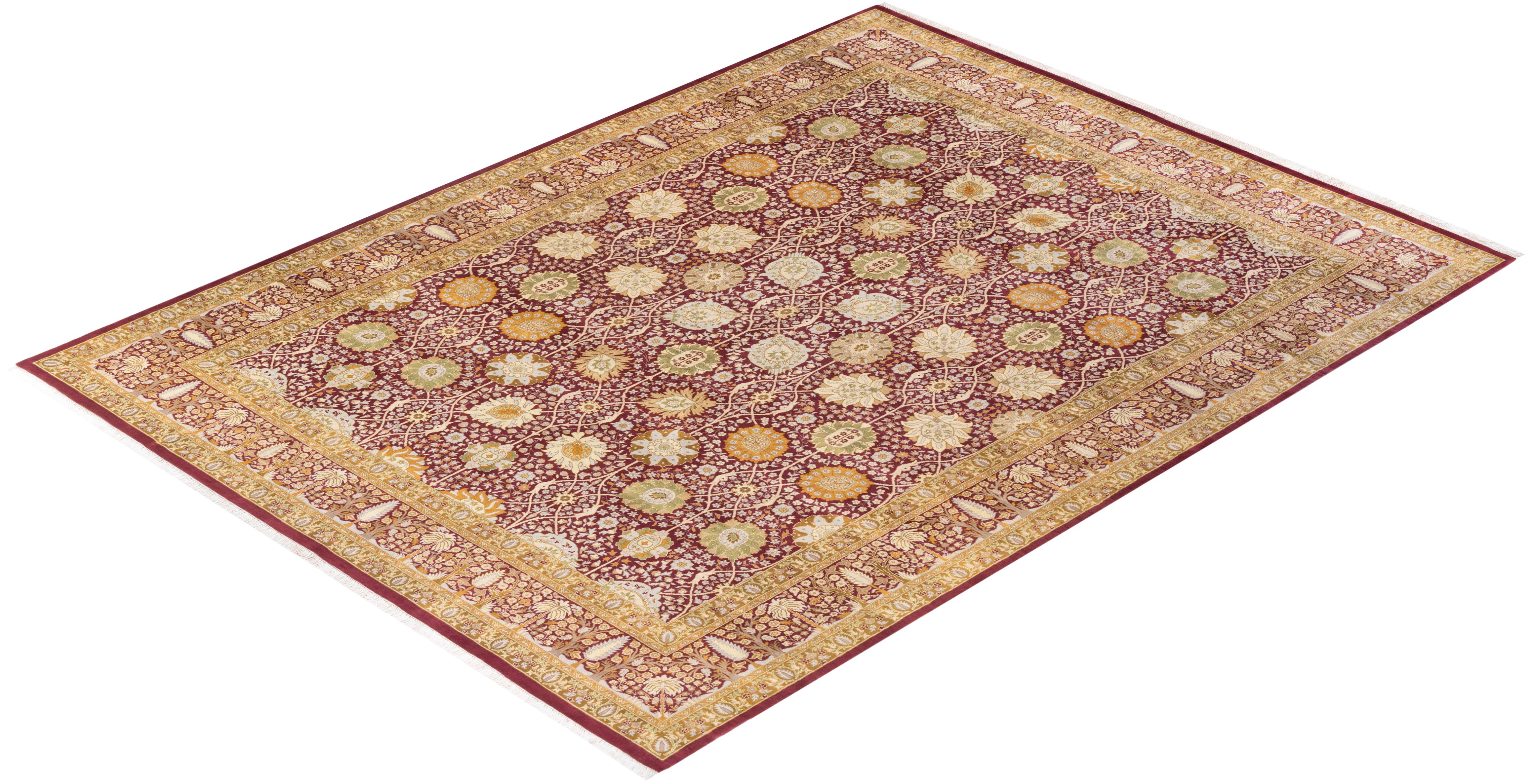 One-of-a-Kind Hand Knotted Floral Mogul Purple Area Rug For Sale 2