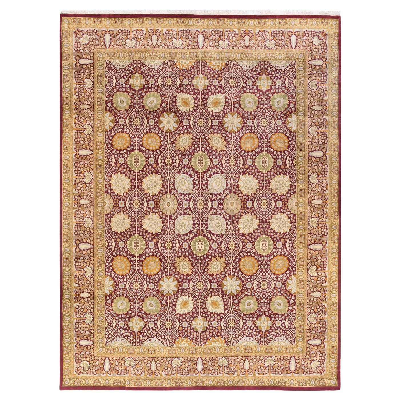 One-of-a-Kind Hand Knotted Floral Mogul Purple Area Rug For Sale