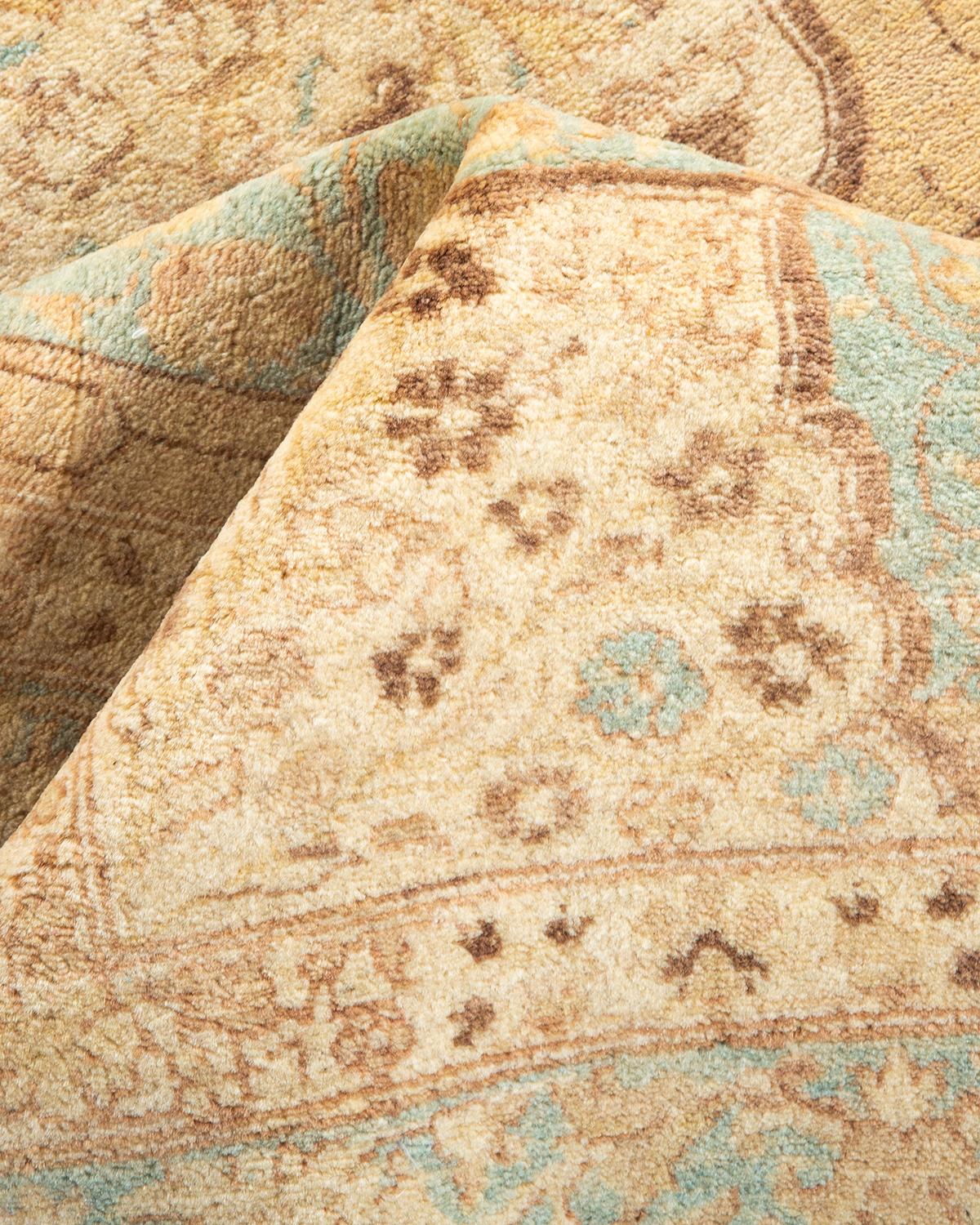 One-of-a-kind Hand Knotted Floral Mogul Yellow Area Rug For Sale 1