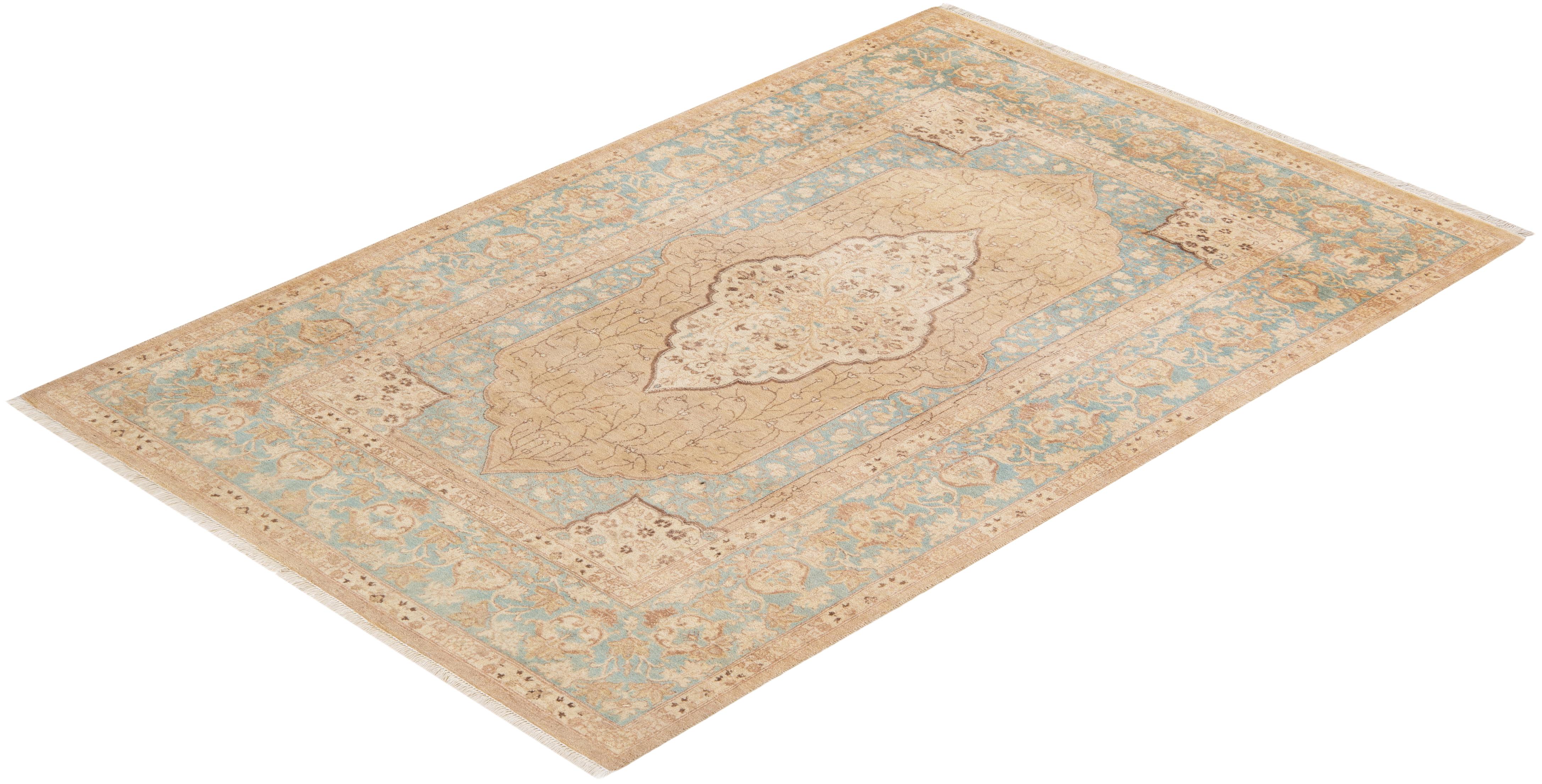 One-of-a-kind Hand Knotted Floral Mogul Yellow Area Rug For Sale 2