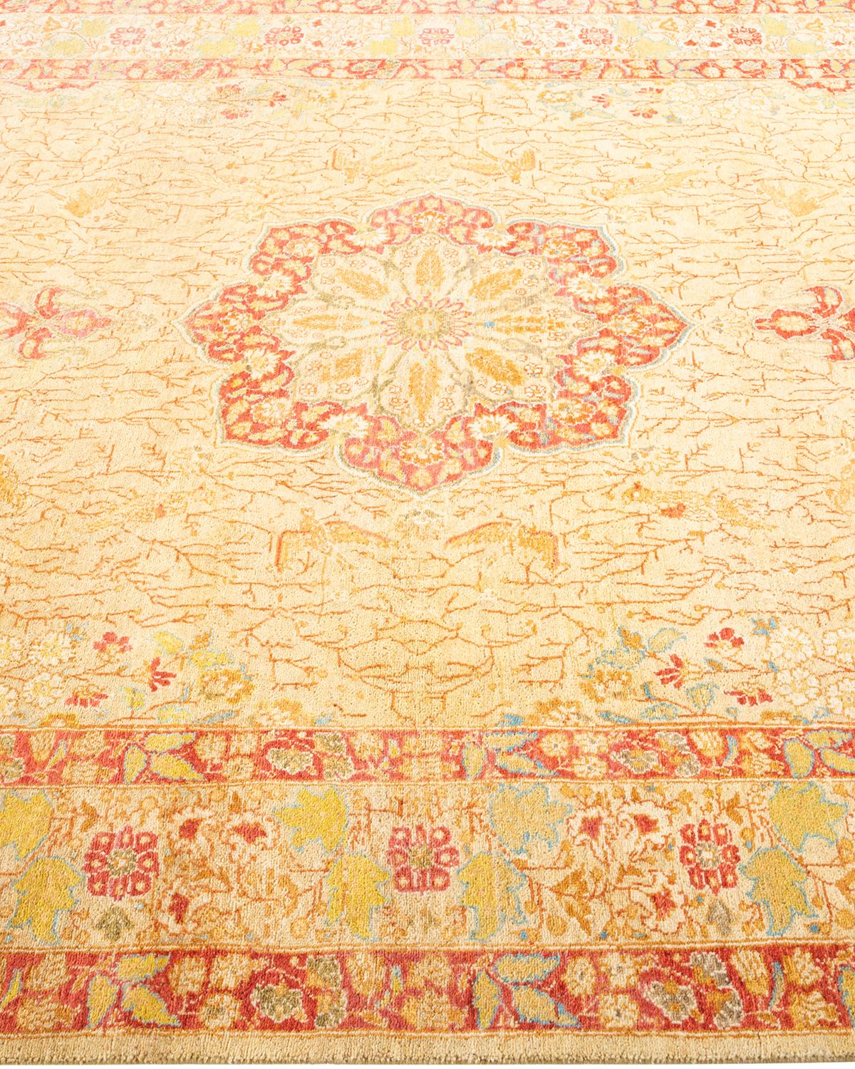 One-of-a-kind Hand Knotted Floral Mogul Yellow Area Rug In New Condition For Sale In Norwalk, CT