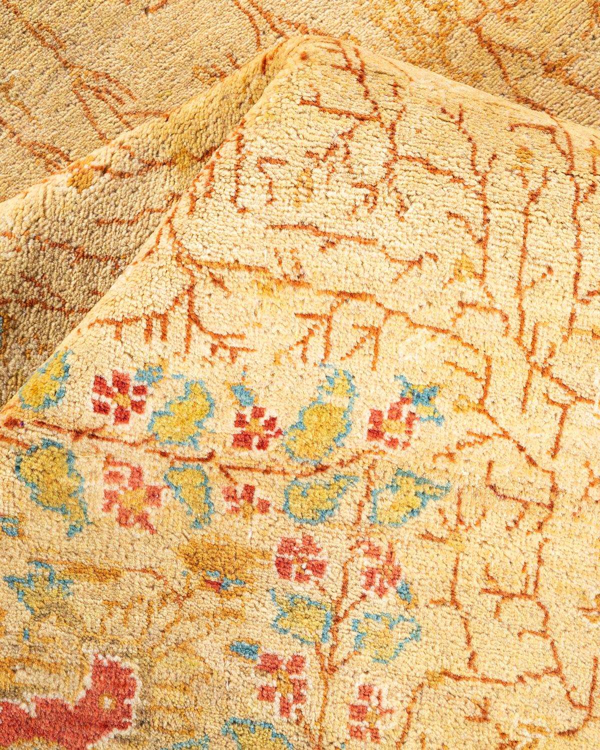 One-of-a-kind Hand Knotted Floral Mogul Yellow Area Rug For Sale 1