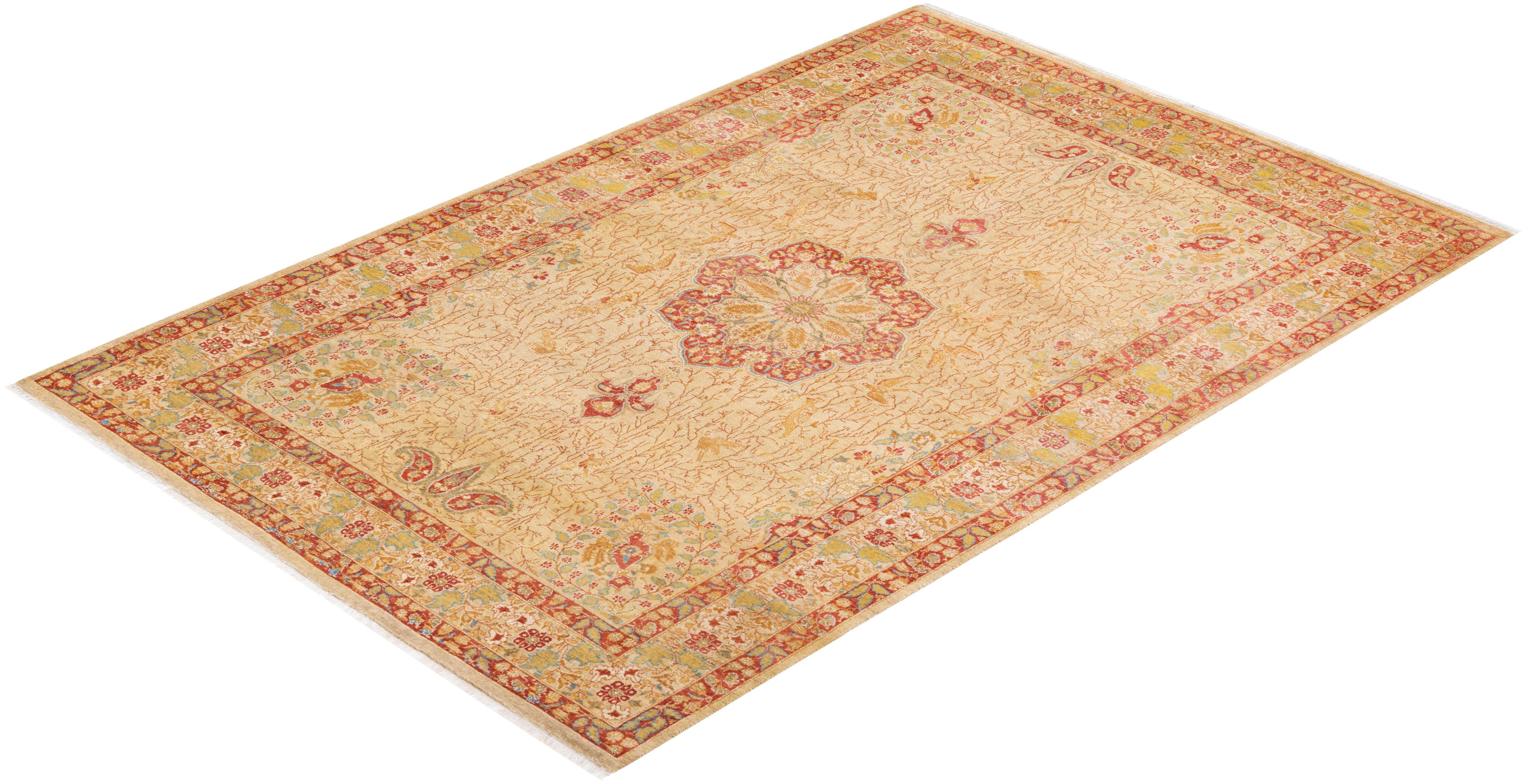 One-of-a-kind Hand Knotted Floral Mogul Yellow Area Rug For Sale 2