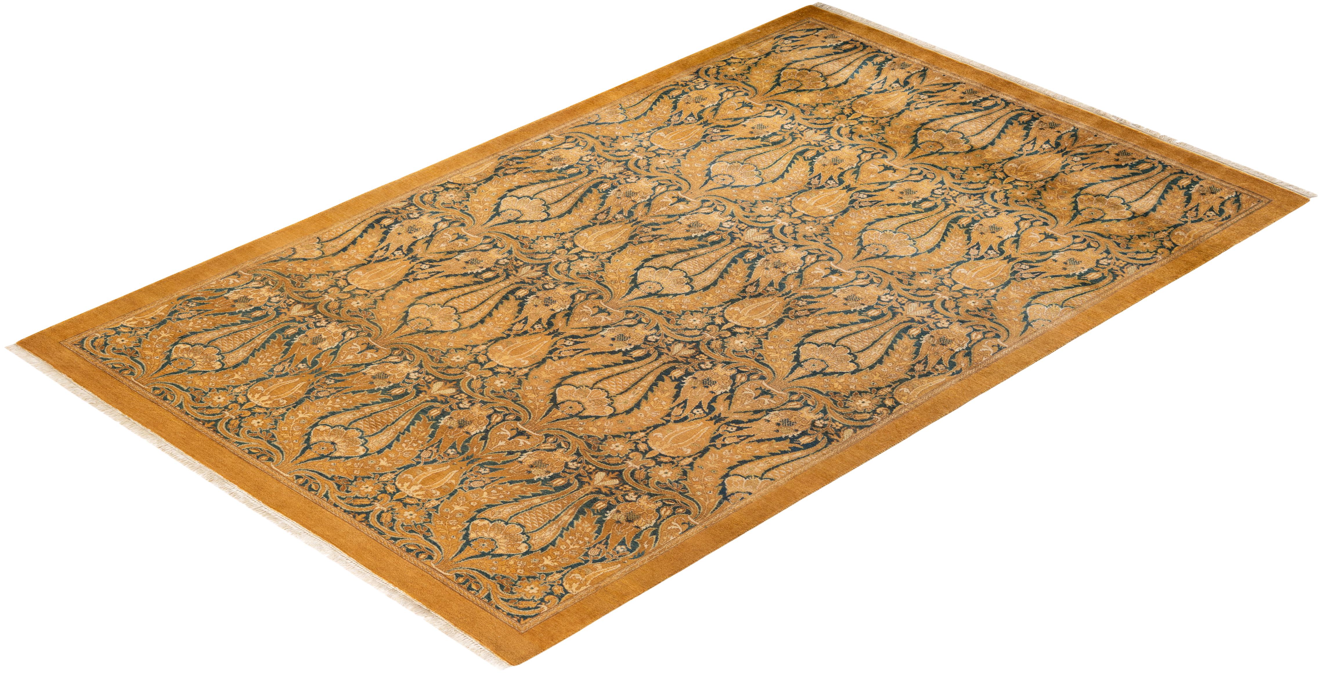 One-of-a-kind Hand Knotted Floral Mogul Yellow Area Rug For Sale 2