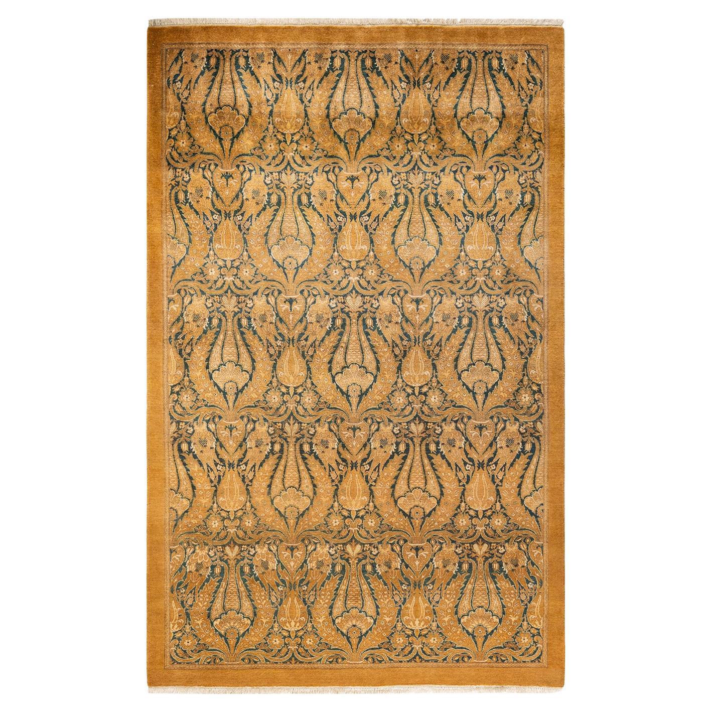 One-of-a-kind Hand Knotted Floral Mogul Yellow Area Rug For Sale