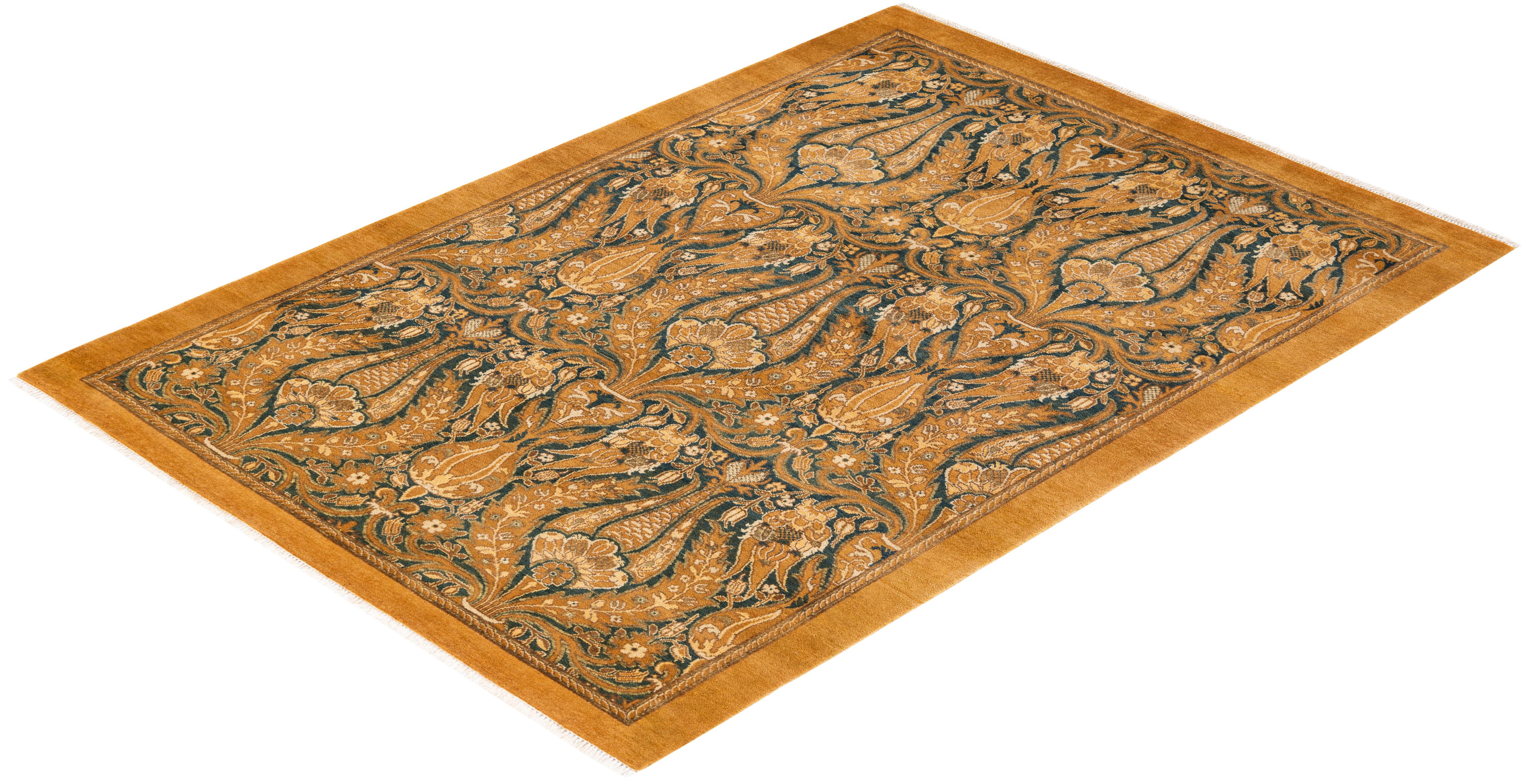 One-of-a-kind Hand Knotted Floral Mogul Yellow Area Rug For Sale 2