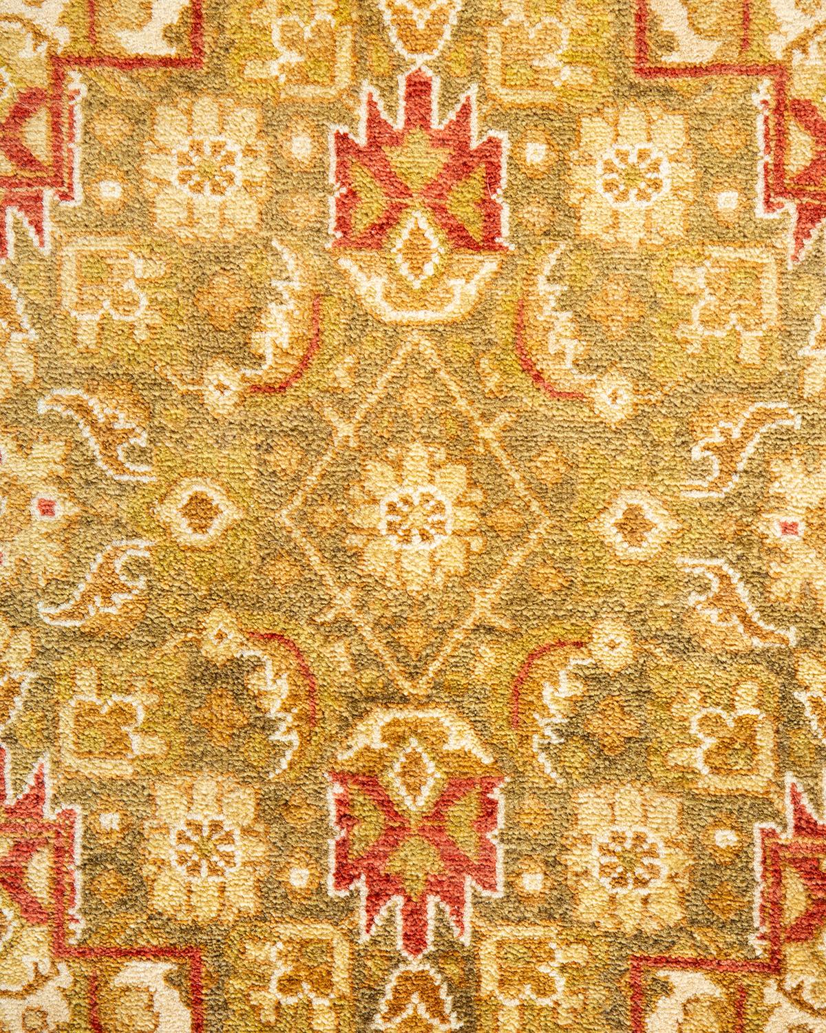 Pakistani One-Of-A-Kind Hand Knotted Floral Mogul Yellow Area Rug For Sale