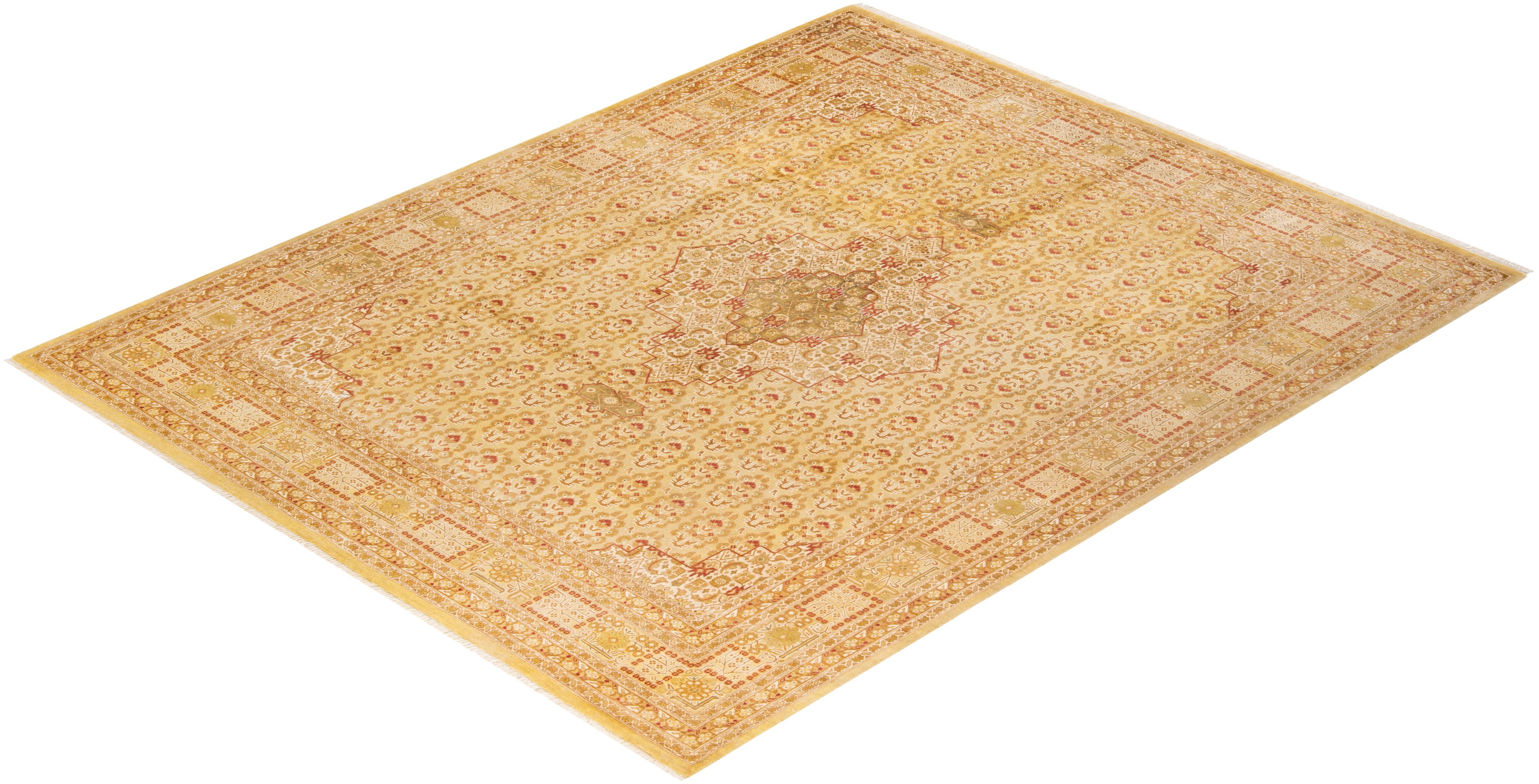 One-Of-A-Kind Hand Knotted Floral Mogul Yellow Area Rug For Sale 2