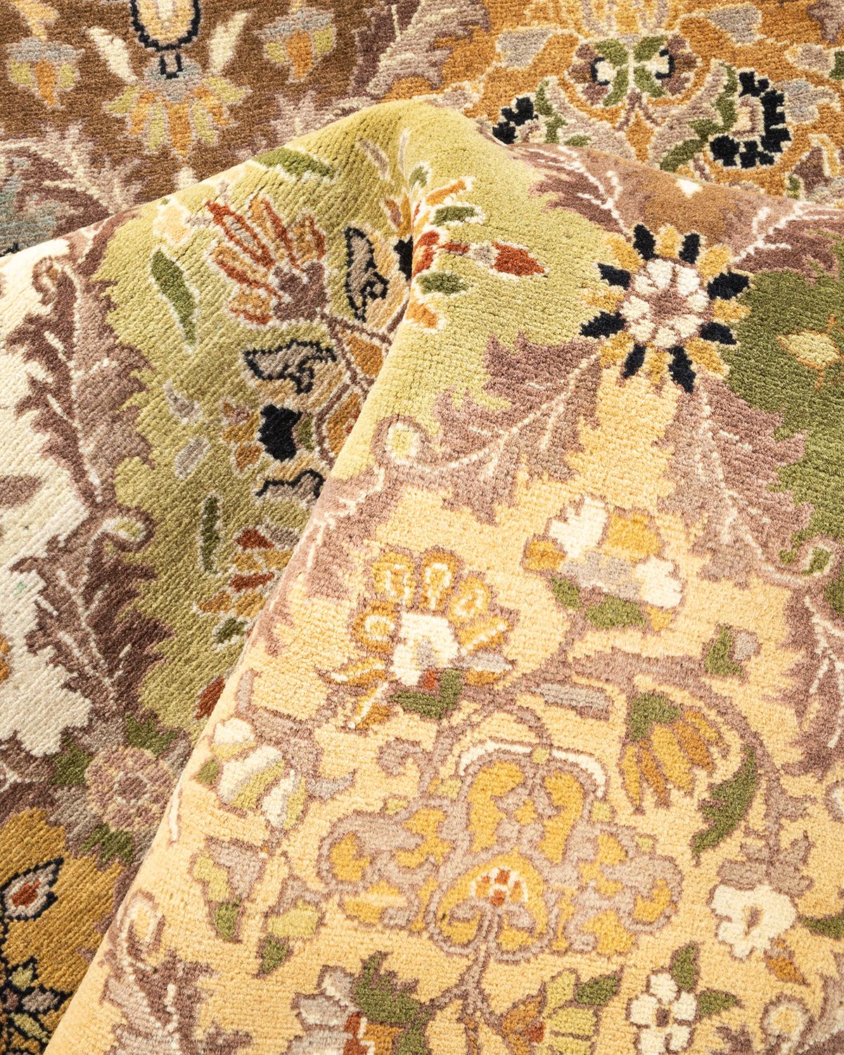 One-of-a-kind Hand Knotted Floral Mogul Yellow Area Rug For Sale 1