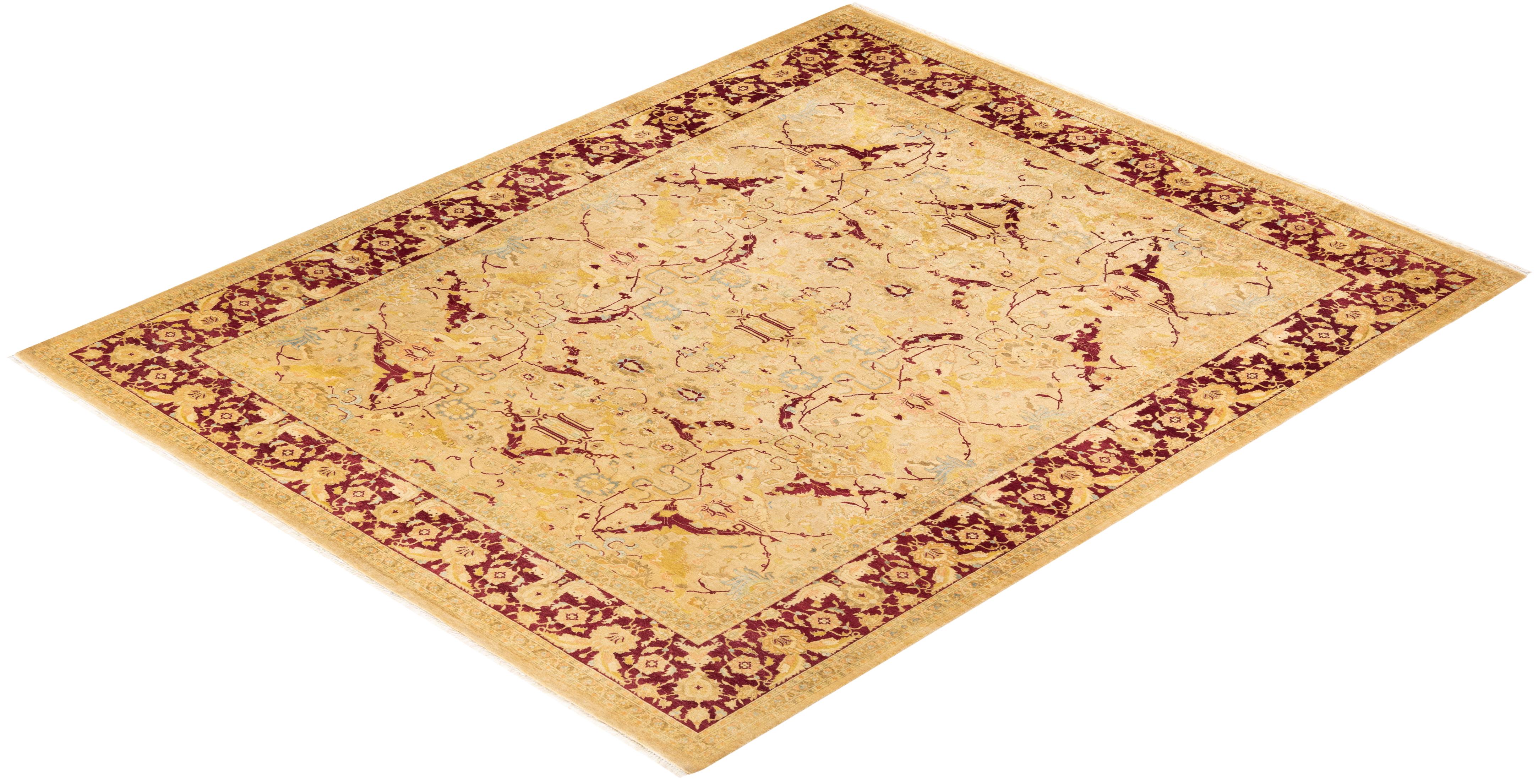 One-of-a-Kind Hand Knotted Floral Mogul Yellow Area Rug For Sale 2