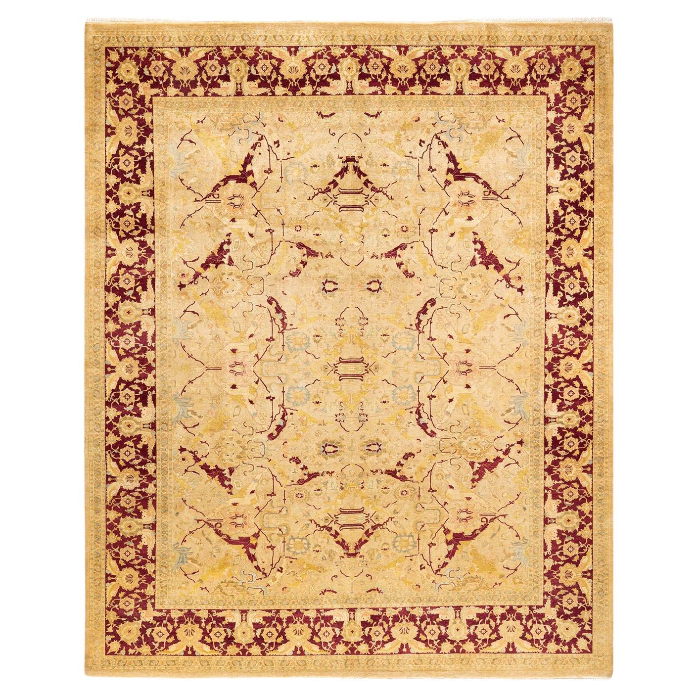 One-of-a-Kind Hand Knotted Floral Mogul Yellow Area Rug For Sale