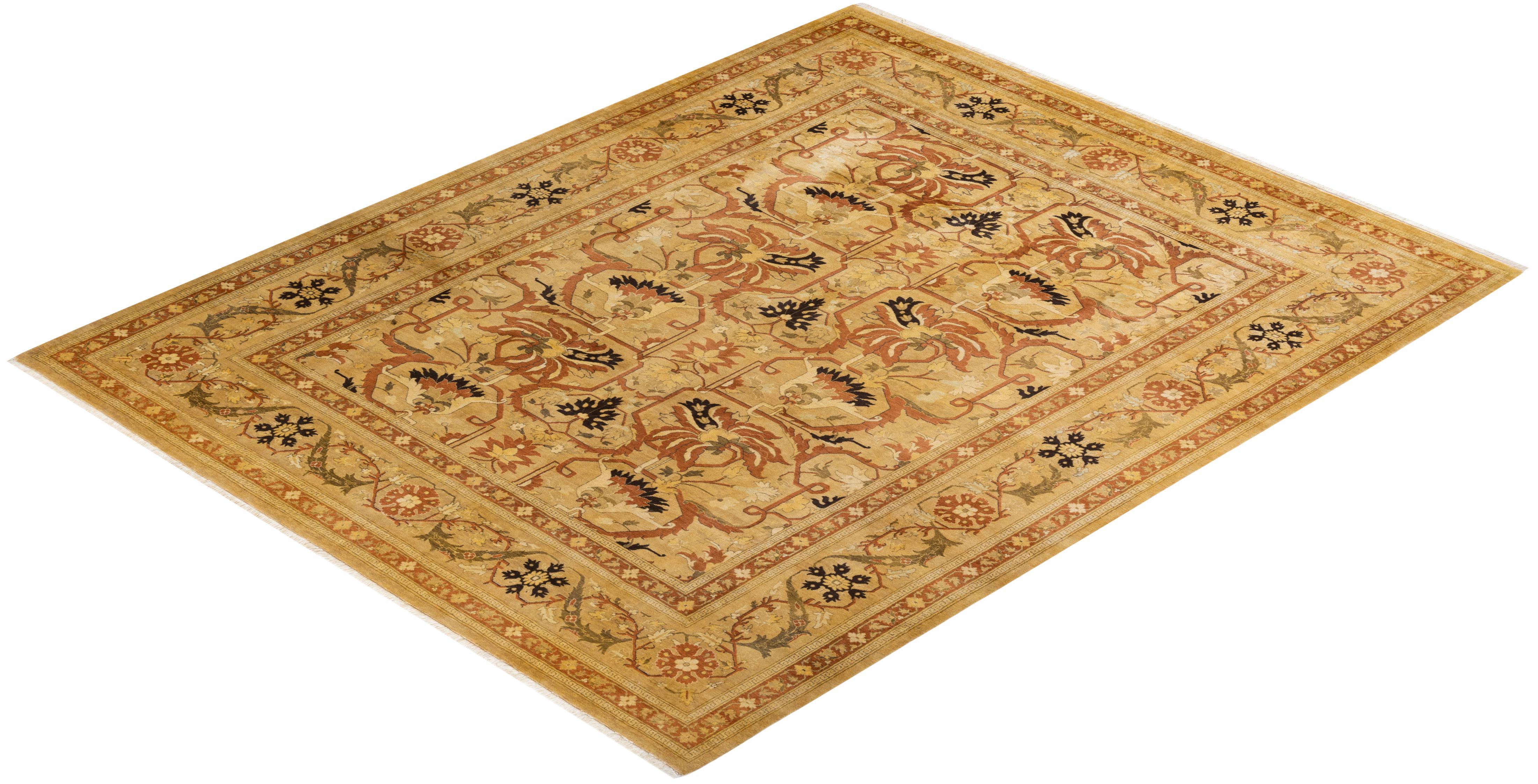 One-Of-A-Kind Hand Knotted Floral Mogul Yellow Area Rug For Sale 2