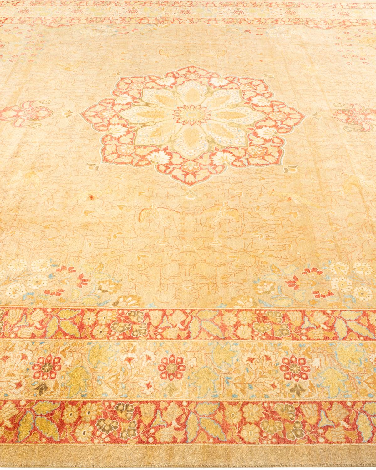 One-of-a-Kind Hand Knotted Floral Mogul Yellow Area Rug In New Condition For Sale In Norwalk, CT