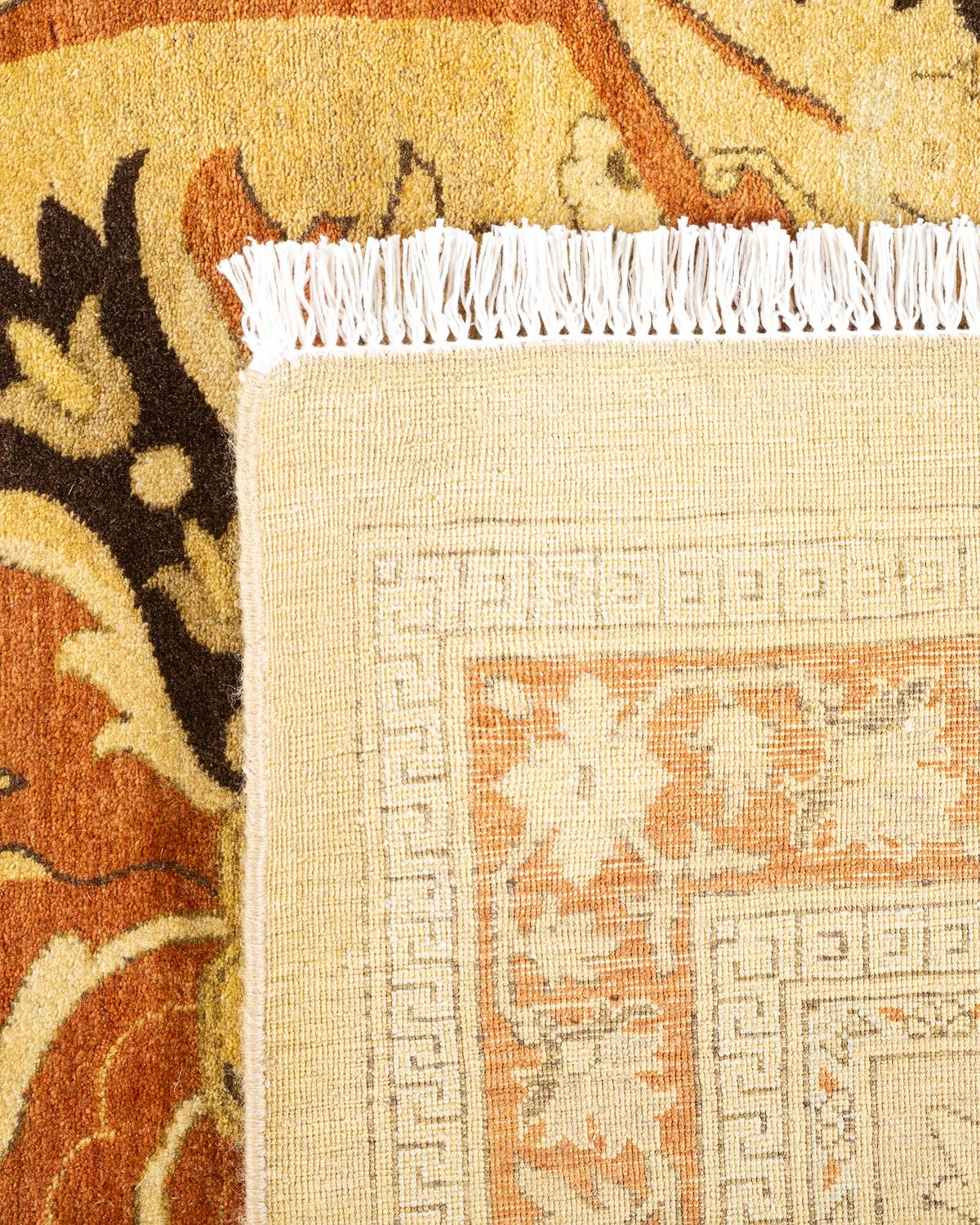 Contemporary One-Of-A-Kind Hand Knotted Floral Mogul Yellow Area Rug For Sale