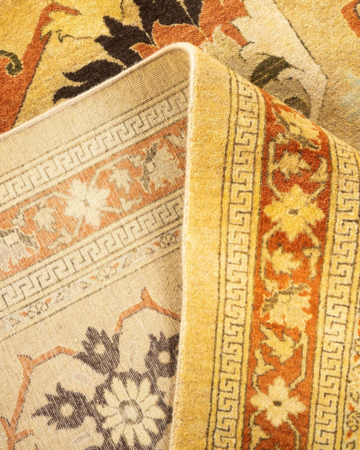 Wool One-Of-A-Kind Hand Knotted Floral Mogul Yellow Area Rug For Sale