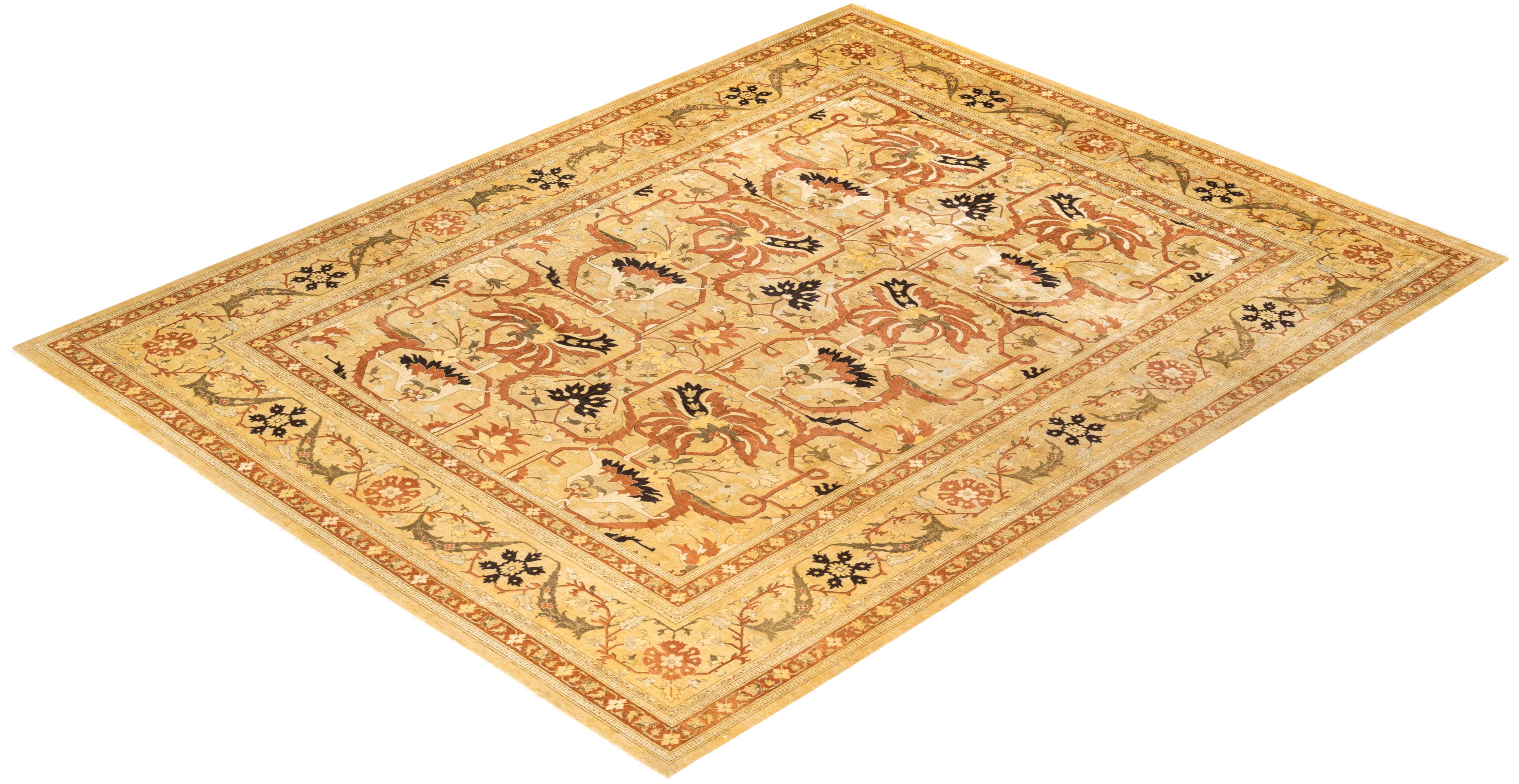 One-Of-A-Kind Hand Knotted Floral Mogul Yellow Area Rug For Sale 2