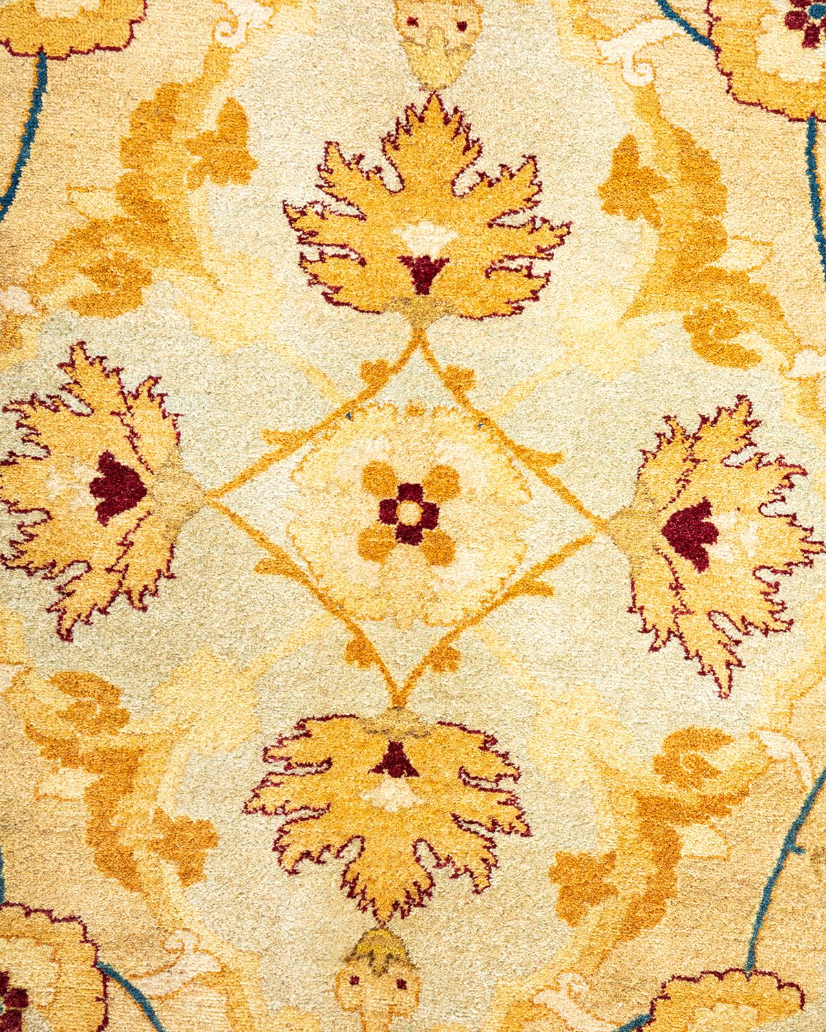 Pakistani One-of-a-kind Hand Knotted Floral Mogul Yellow Area Rug For Sale