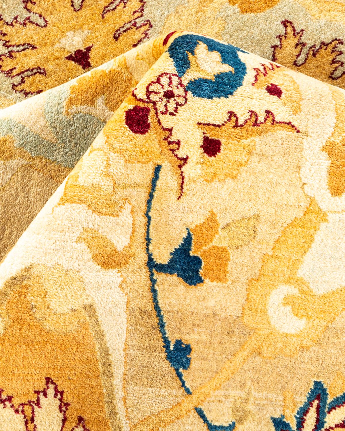One-of-a-kind Hand Knotted Floral Mogul Yellow Area Rug For Sale 1