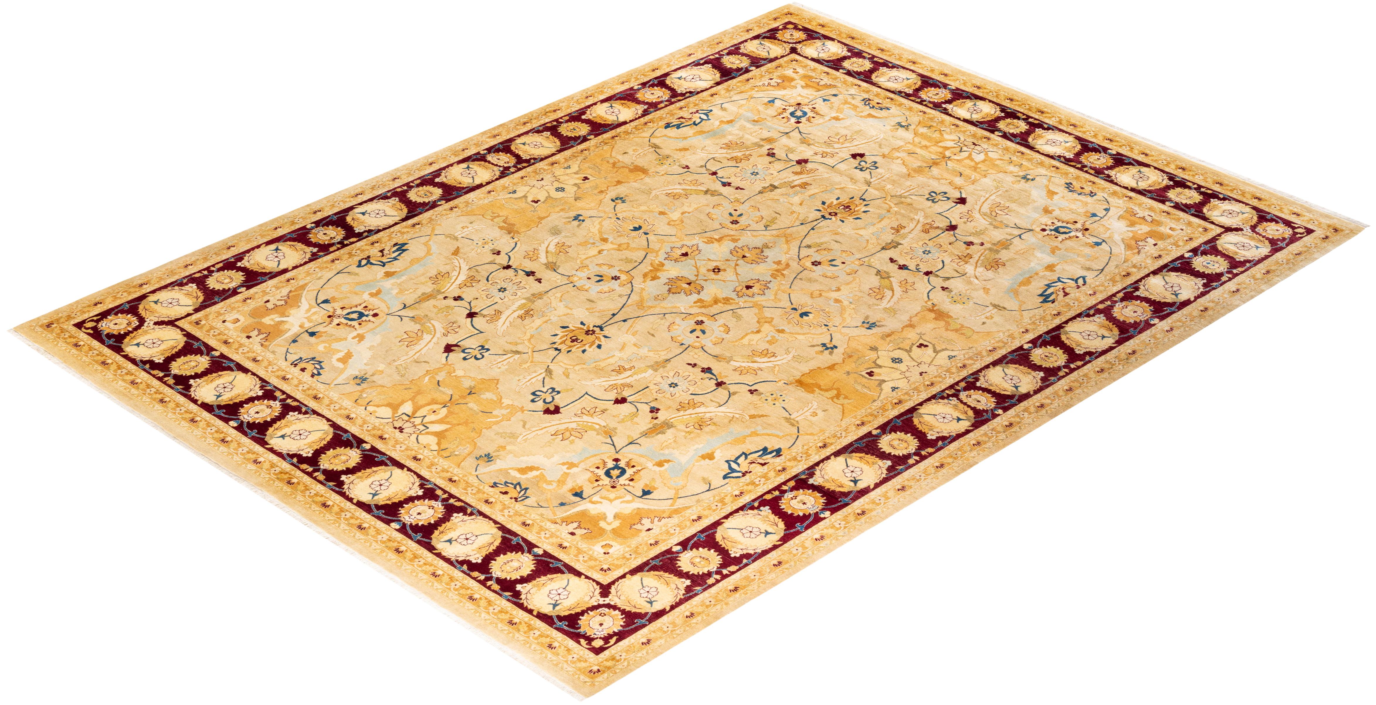 One-of-a-kind Hand Knotted Floral Mogul Yellow Area Rug For Sale 2