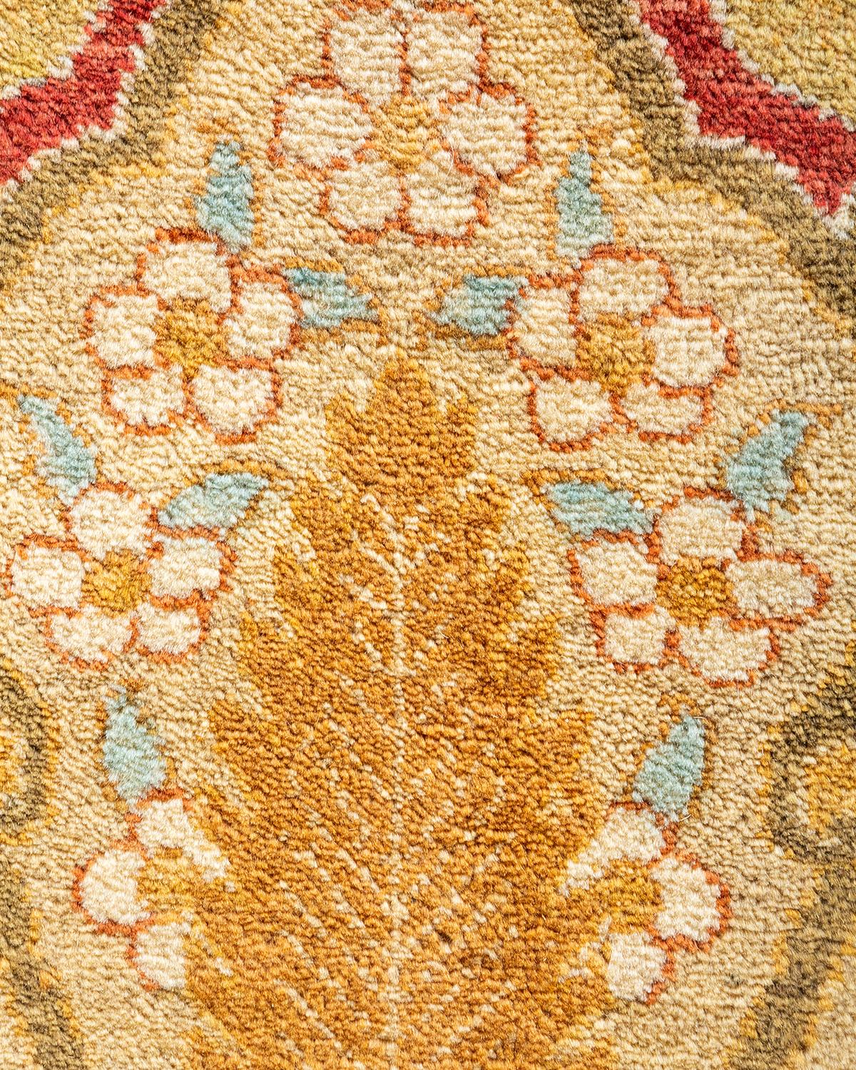 Pakistani One-of-a-kind Hand Knotted Floral Mogul Yellow Area Rug For Sale