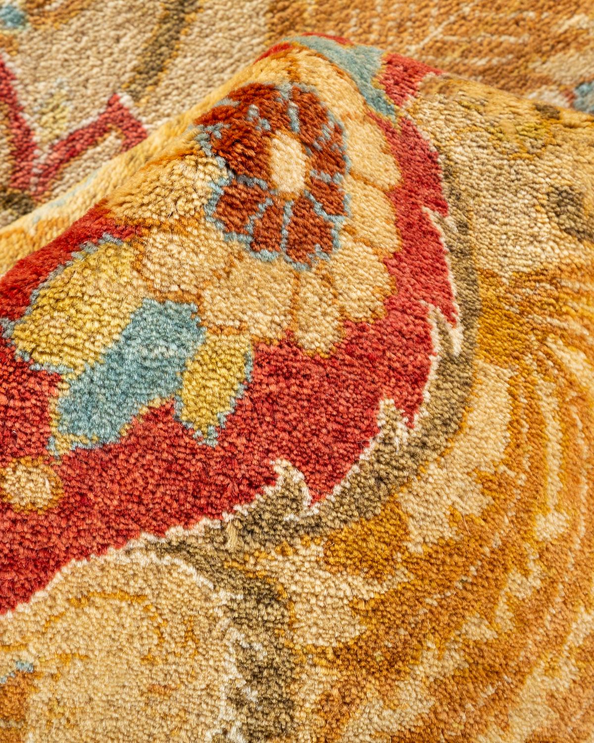 One-of-a-kind Hand Knotted Floral Mogul Yellow Area Rug For Sale 1