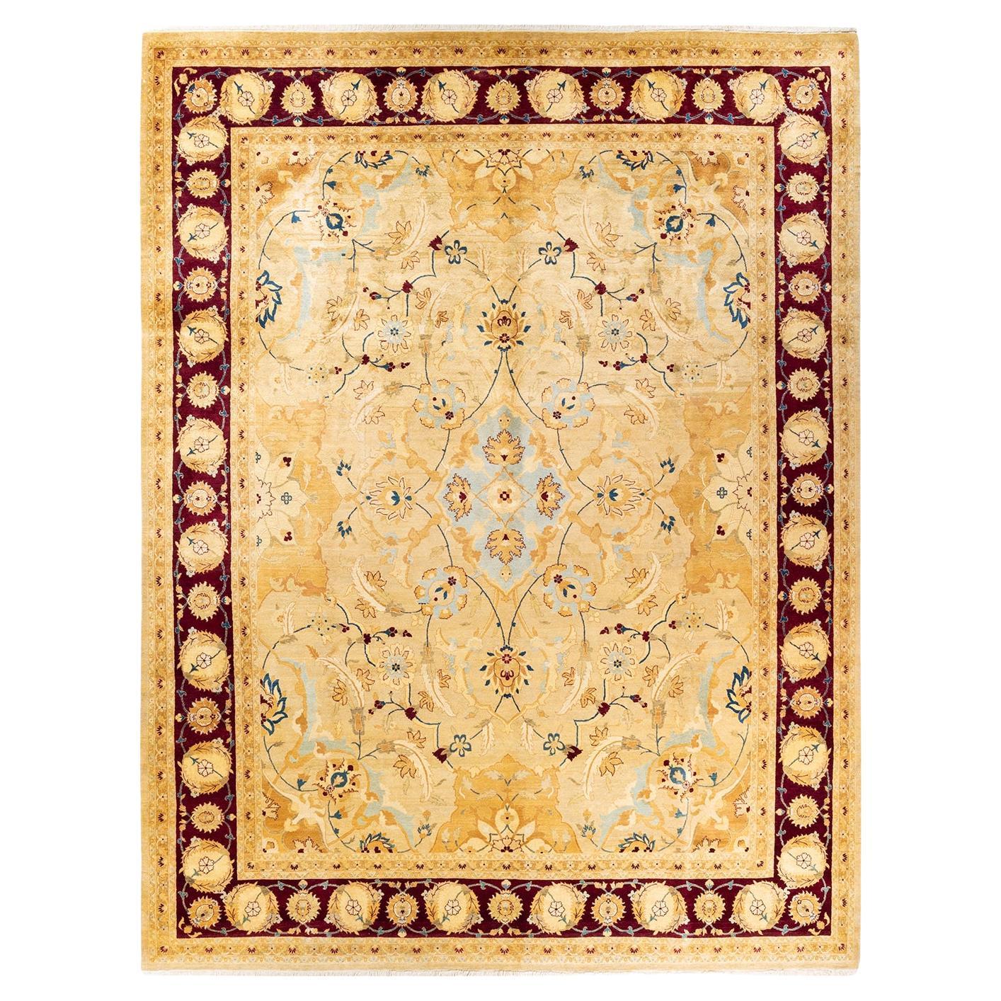 One-of-a-kind Hand Knotted Floral Mogul Yellow Area Rug For Sale