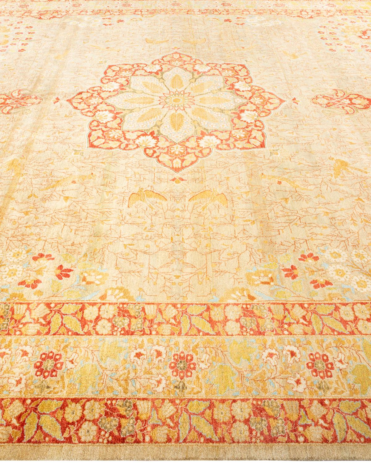 One-of-a-kind Hand Knotted Floral Mogul Yellow Area Rug In New Condition For Sale In Norwalk, CT
