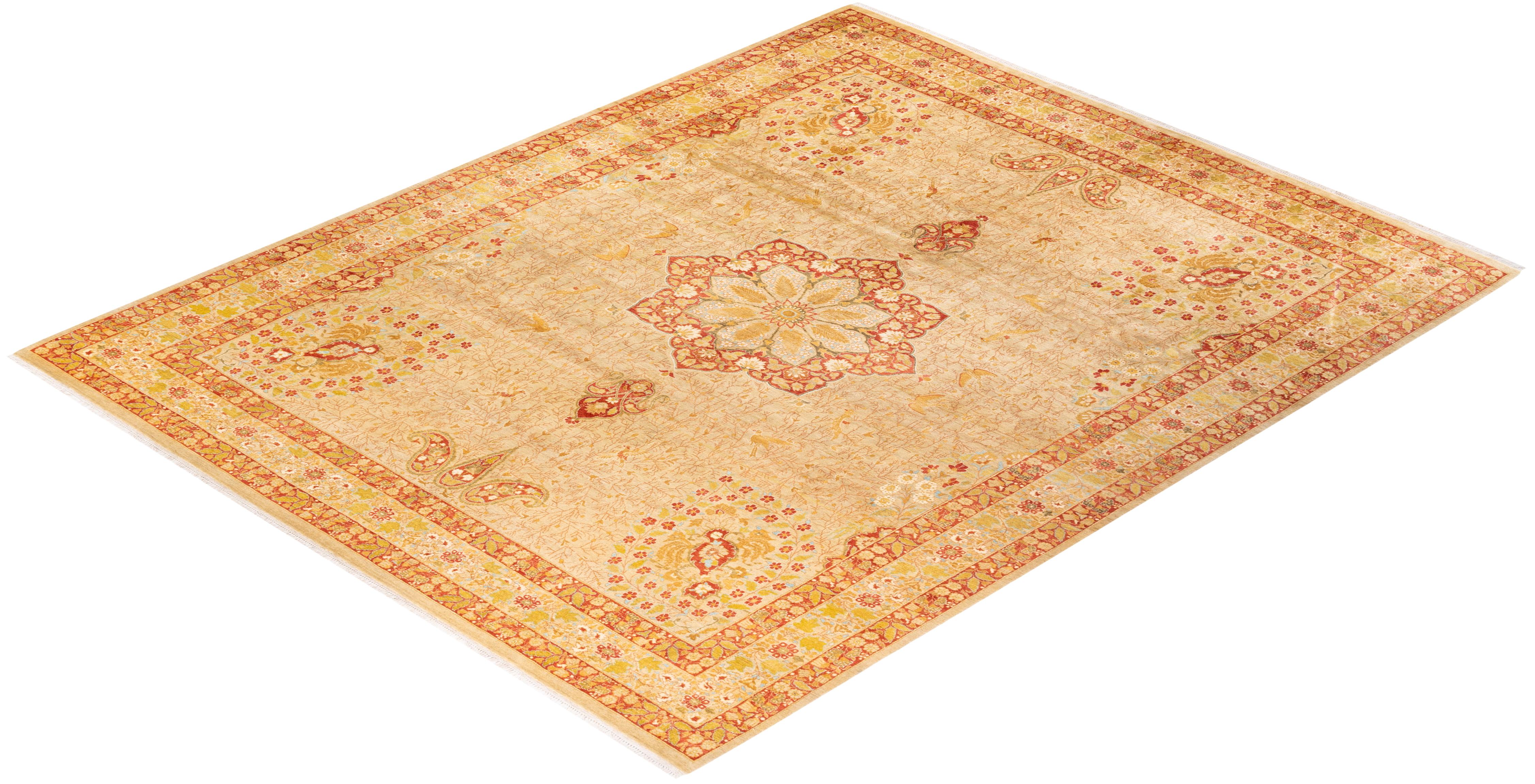 One-of-a-kind Hand Knotted Floral Mogul Yellow Area Rug For Sale 2