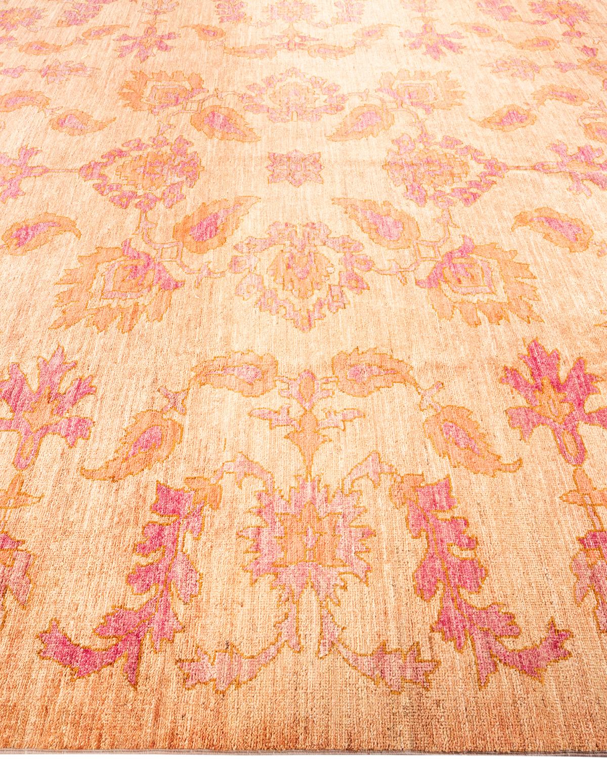 One-of-a-kind Hand Knotted Floral Oushak Beige Area Rug In New Condition For Sale In Norwalk, CT