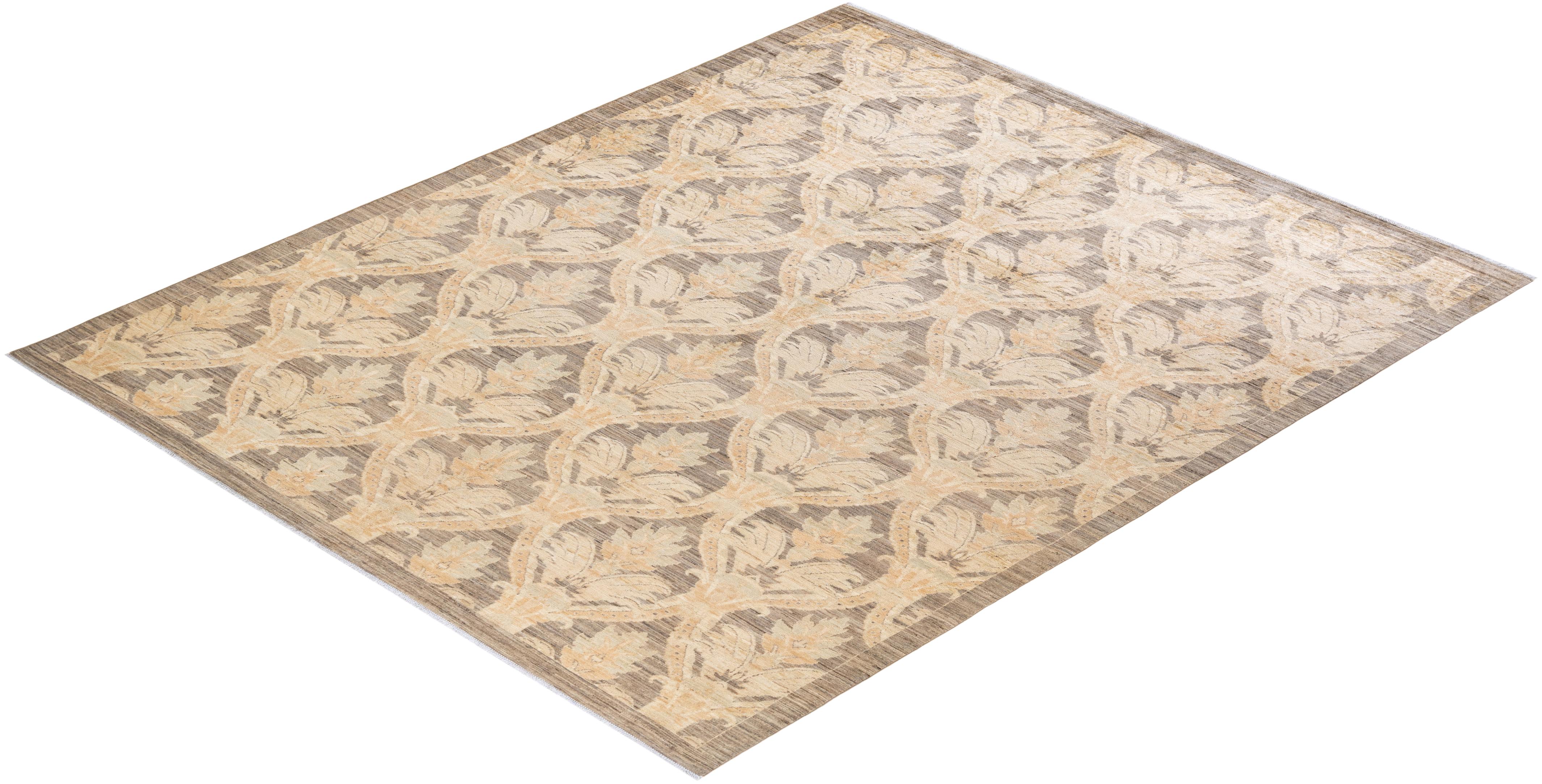 One-of-a-kind Hand Knotted Floral Oushak Ivory Area Rug For Sale 2