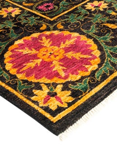 One-Of-A-Kind Hand Knotted Floral Suzani Black Area Rug 8' 4" x 10' 7"